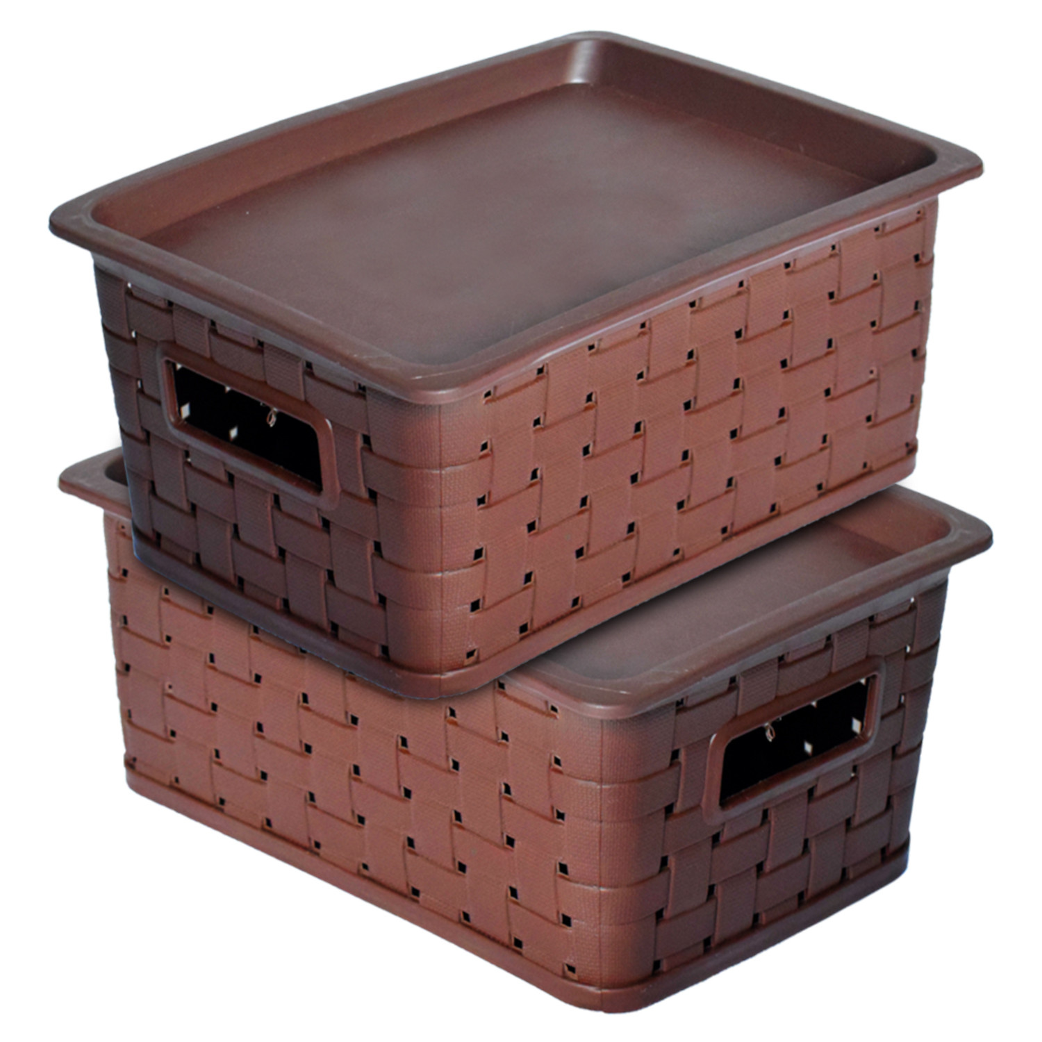 Kuber Industries BPA Free Attractive Design Multipurpose Small Trendy Storage Basket With Lid|Material-Plastic|Color-Brown|Pack of 2