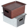 Kuber Industries BPA Free Attractive Design Multipurpose Small Trendy Storage Basket With Lid|Material-Plastic|Color-Brown,Grey|Pack of 2