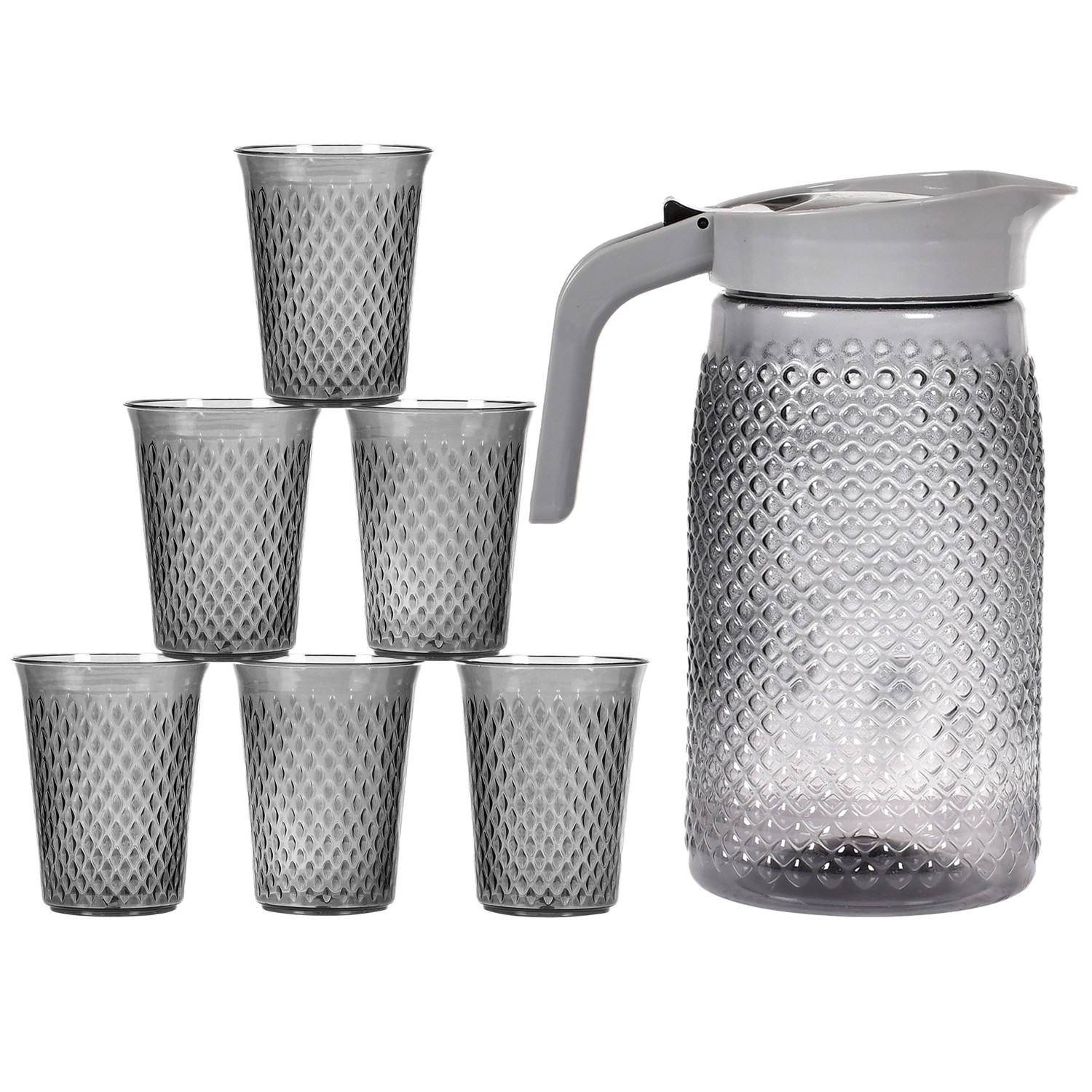 Kuber Industries BPA Free Leak Proof Unbreakable Plastic Water Jug with 6 Tumblers Drinkware Set (Grey)-45KM051