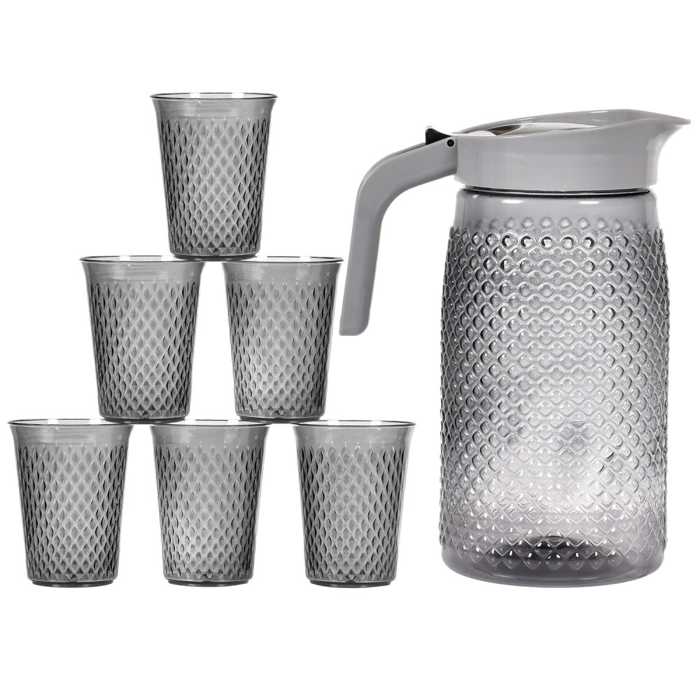 Kuber Industries BPA Free Leak Proof Unbreakable Plastic Water Jug with 6 Tumblers Drinkware Set (Grey)-45KM051