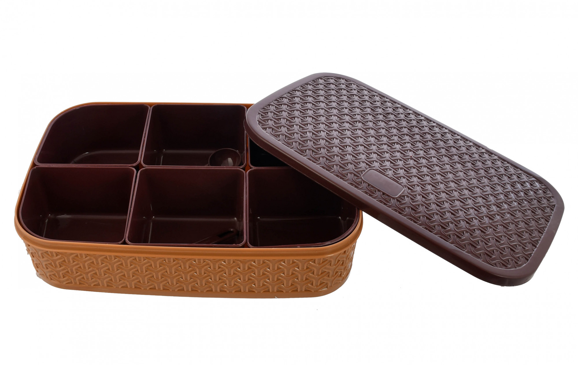 Kuber Industries BPA Free Plastic Food Grade, Odourless, Microwave/Refrigerator Safe Masala Box, Masala Dabba, Spice Container With 6 Containers & 2 Spoons (Brown)