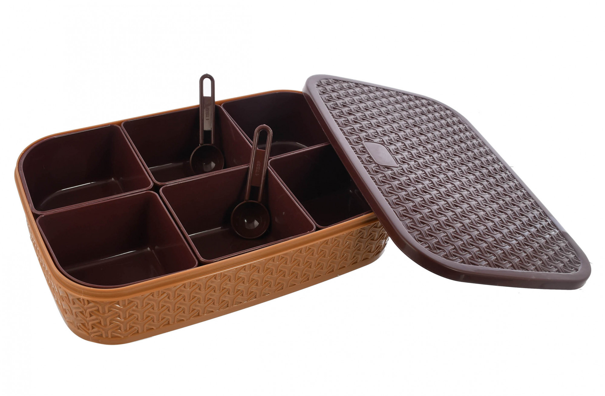 Kuber Industries BPA Free Plastic Food Grade, Odourless, Microwave/Refrigerator Safe Masala Box, Masala Dabba, Spice Container With 6 Containers & 2 Spoons (Brown)