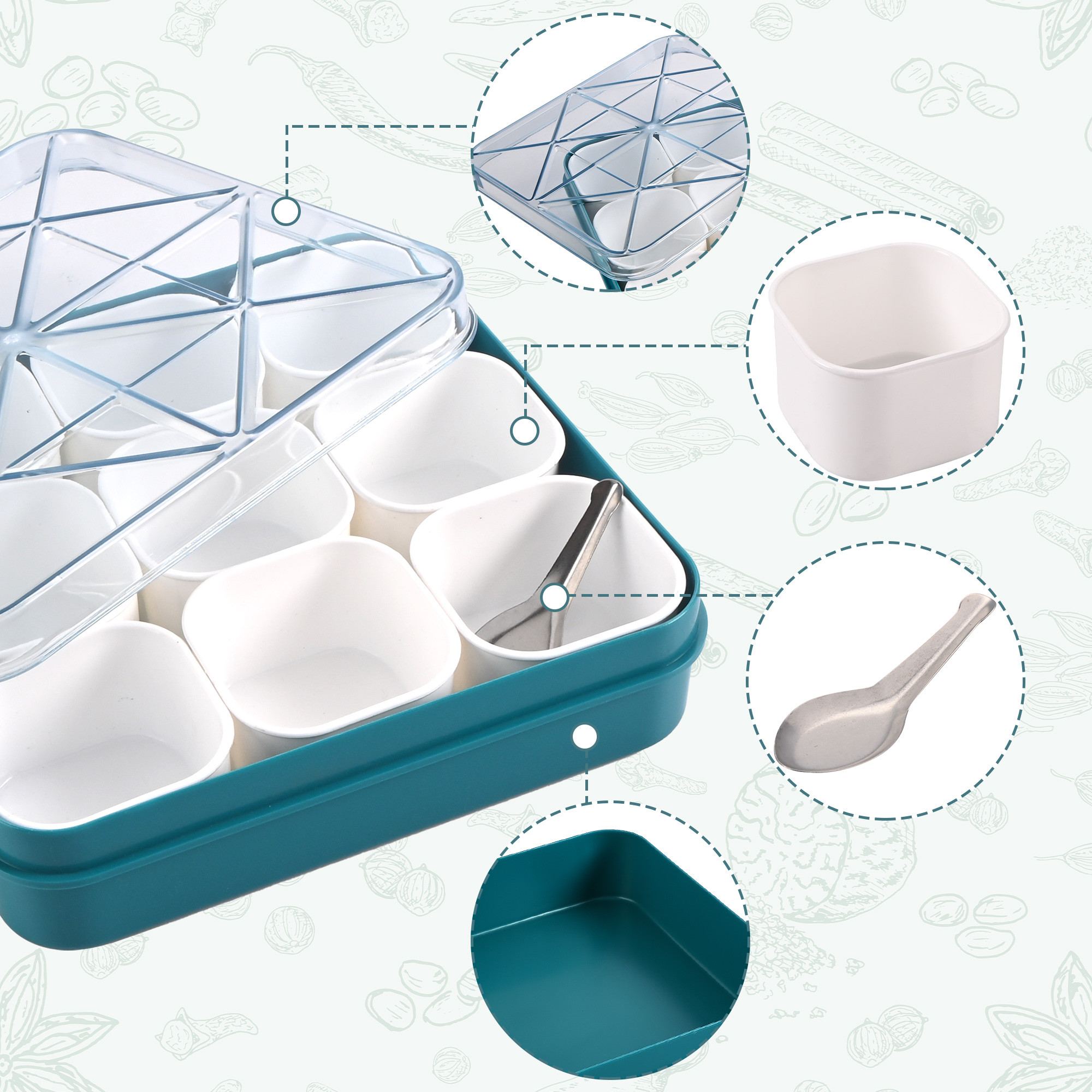 Kuber Industries Bpa Free Plastic Spice Box for Kitchen with 9 Removable Compartments and 1 Spoon  See Through Lid  Square Shape Masala DabbaDaani  Green