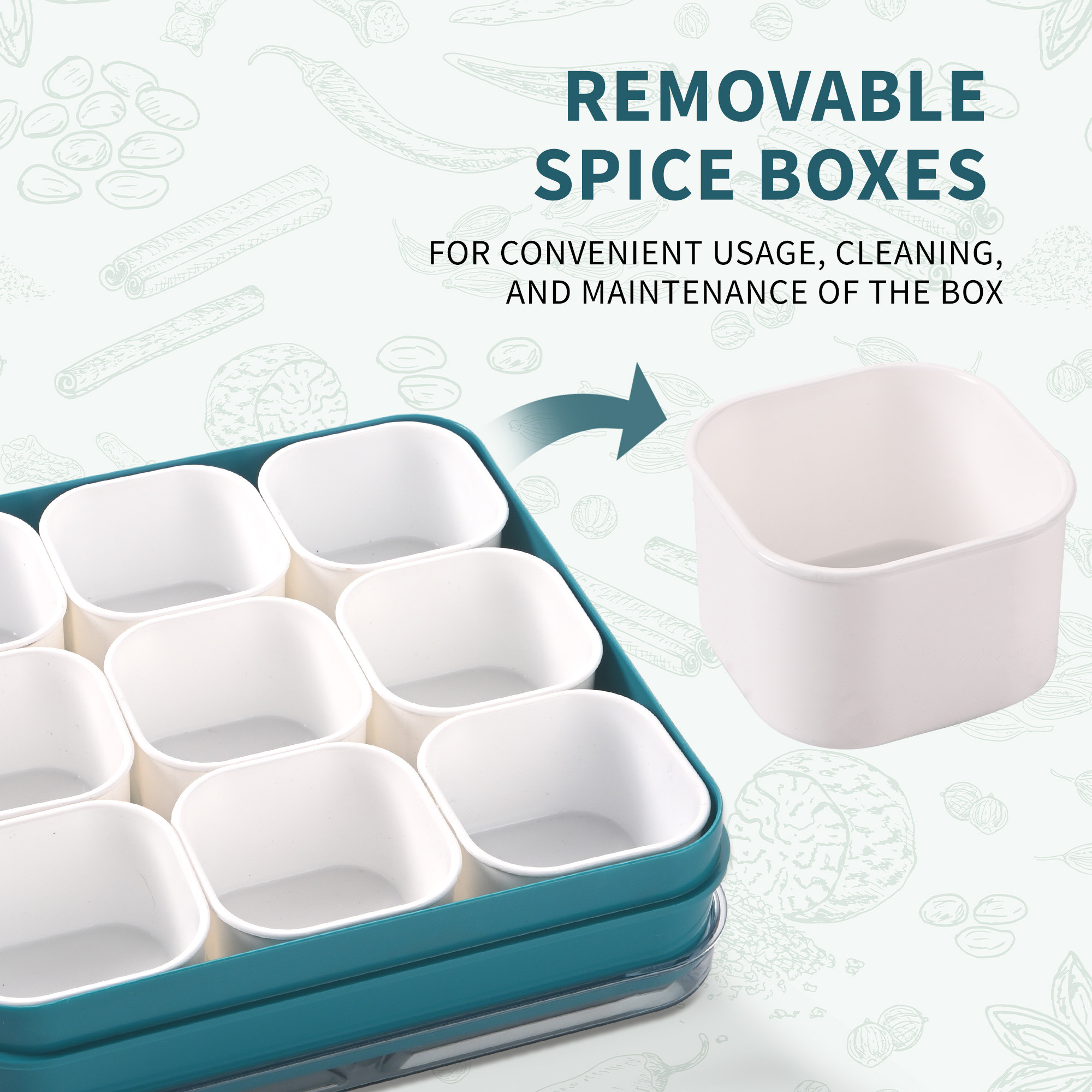 Kuber Industries Bpa Free Plastic Spice Box for Kitchen with 9 Removable Compartments and 1 Spoon  See Through Lid  Square Shape Masala DabbaDaani  Green