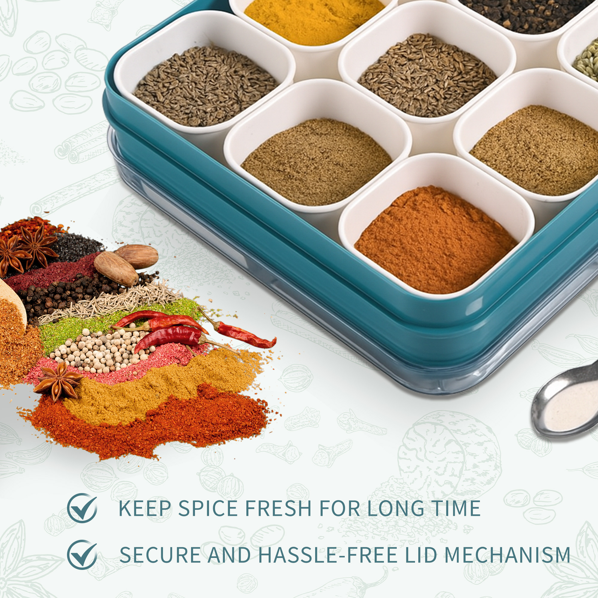 Kuber Industries Bpa Free Plastic Spice Box for Kitchen with 9 Removable Compartments and 1 Spoon  See Through Lid  Square Shape Masala DabbaDaani  Green