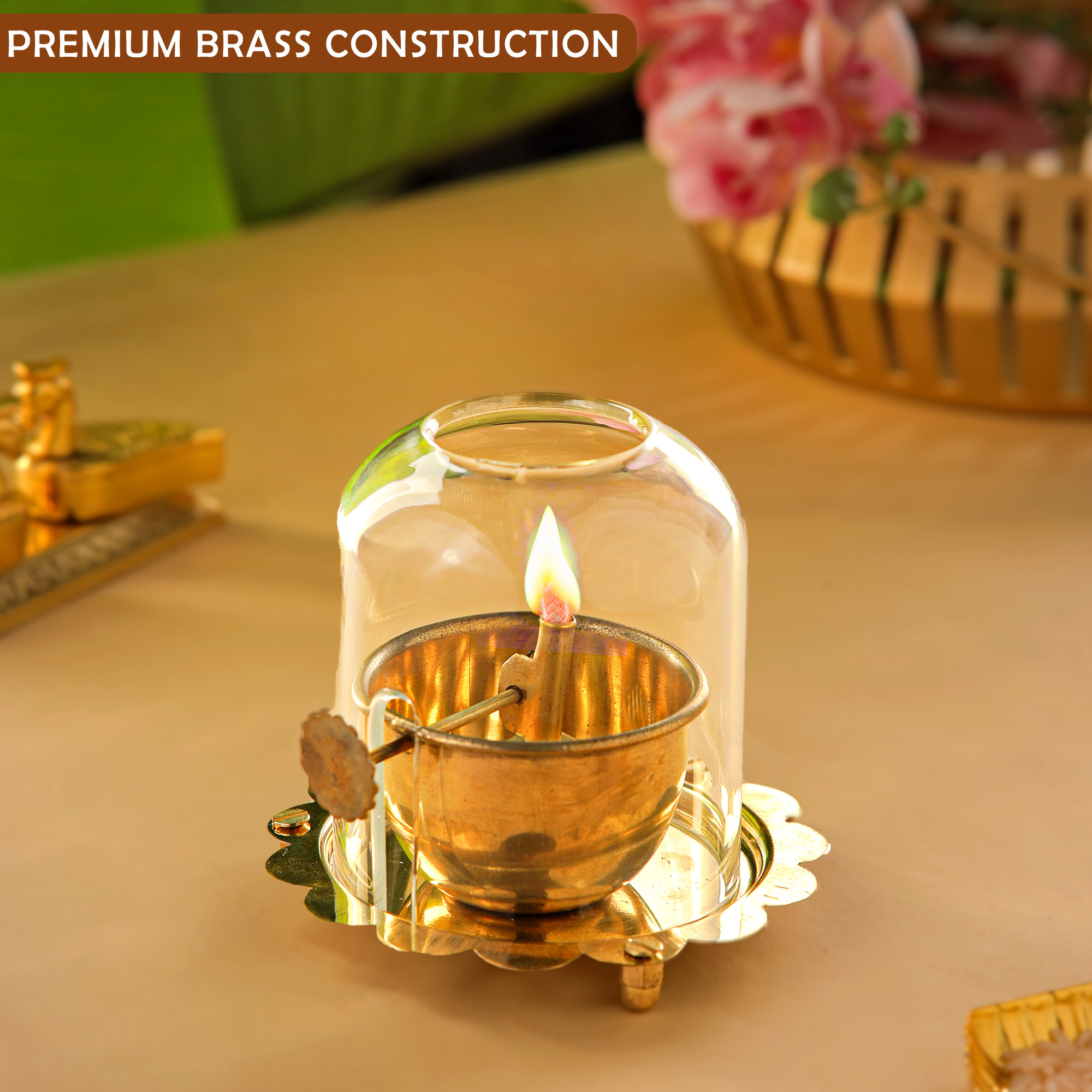Kuber Industries Brass Akhand Jyoti Diya Oil Lamp with Adjustable Bati Knob  Lifting Screw Wick Holder  Borosilicate Glass Cover  Large Size 150 ml Oil Capacity Stay Lit for 48 Hours  Golden