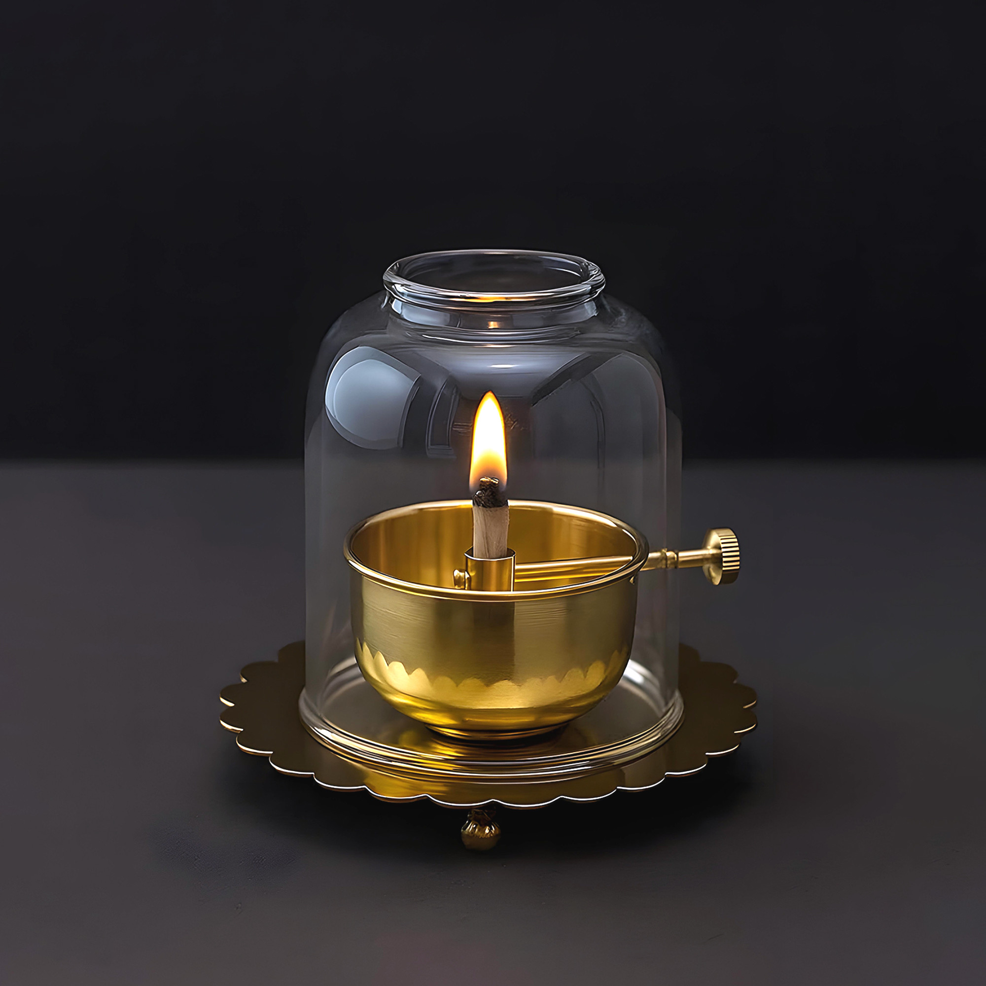 Kuber Industries Brass Akhand Jyoti Diya Oil Lamp with Adjustable Bati Knob  Lifting Screw Wick Holder  Borosilicate Glass Cover  Large Size 150 ml Oil Capacity Stay Lit for 48 Hours  Golden