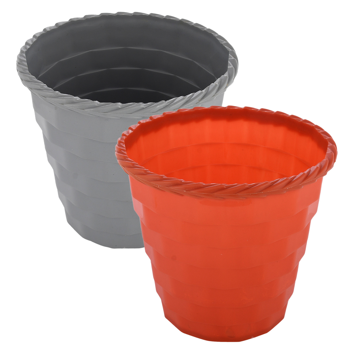 Kuber Industries Brick Flower Pot|Durable Plastic Flower Pots|Planters for Home Décor|Garden|Living Room|Balcony|6 Inch|Pack of 2 (Orange & Grey)