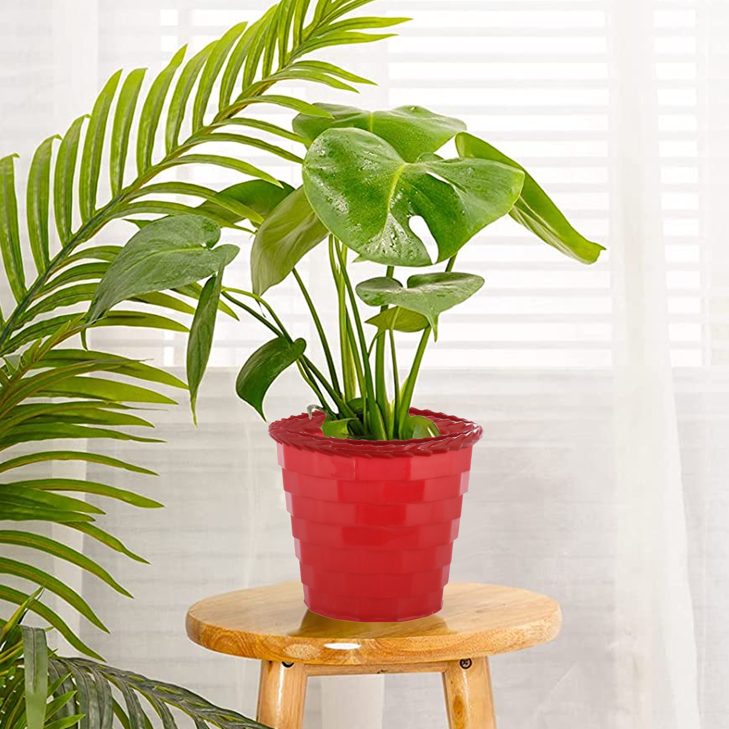 Kuber Industries Brick Flower Pot|Durable Plastic Flower Pots|Planters for Home Décor|Garden|Living Room|Balcony|8 Inch (Red)