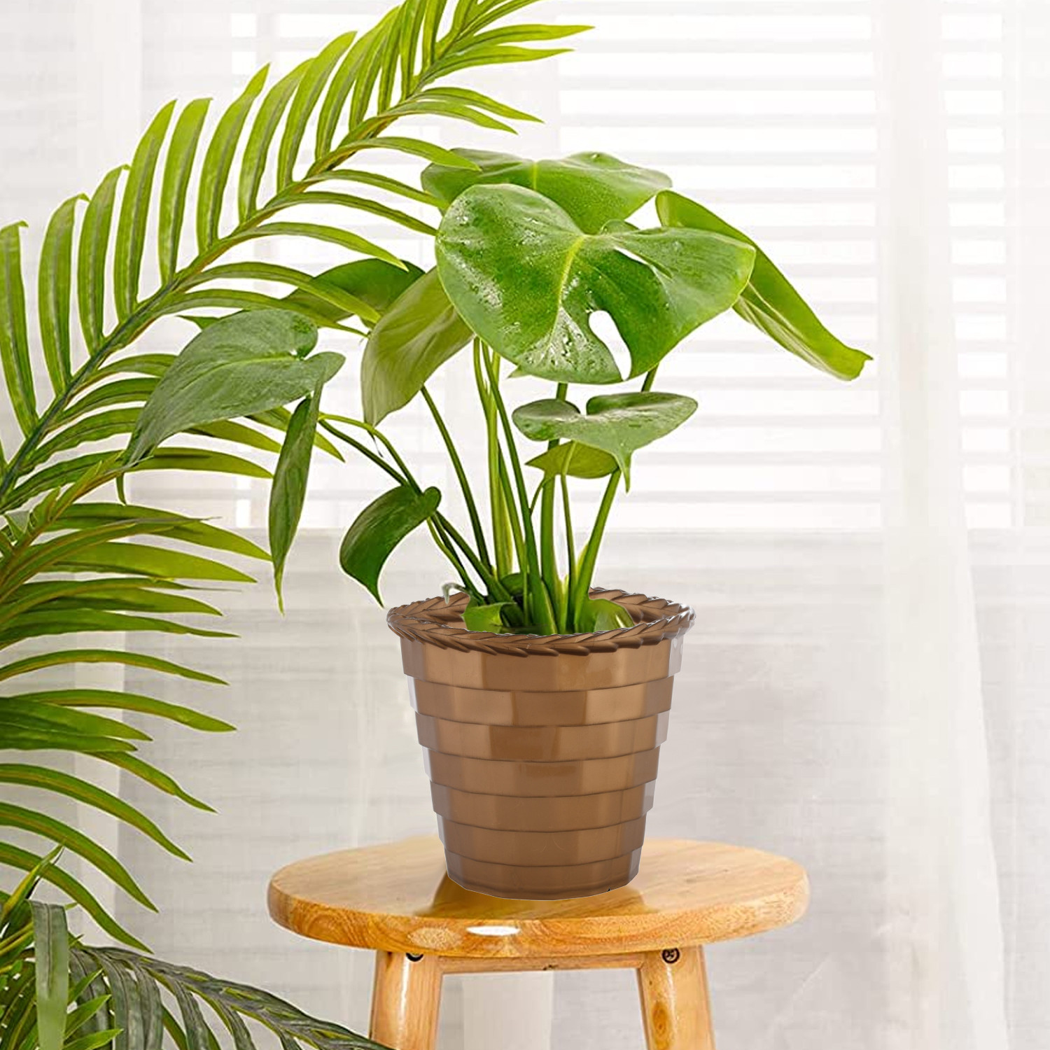 Kuber Industries Brick Flower Pot|Durable Plastic Flower Pots|Planters for Home Décor|Garden|Living Room|Balcony|8 Inch (Golden)