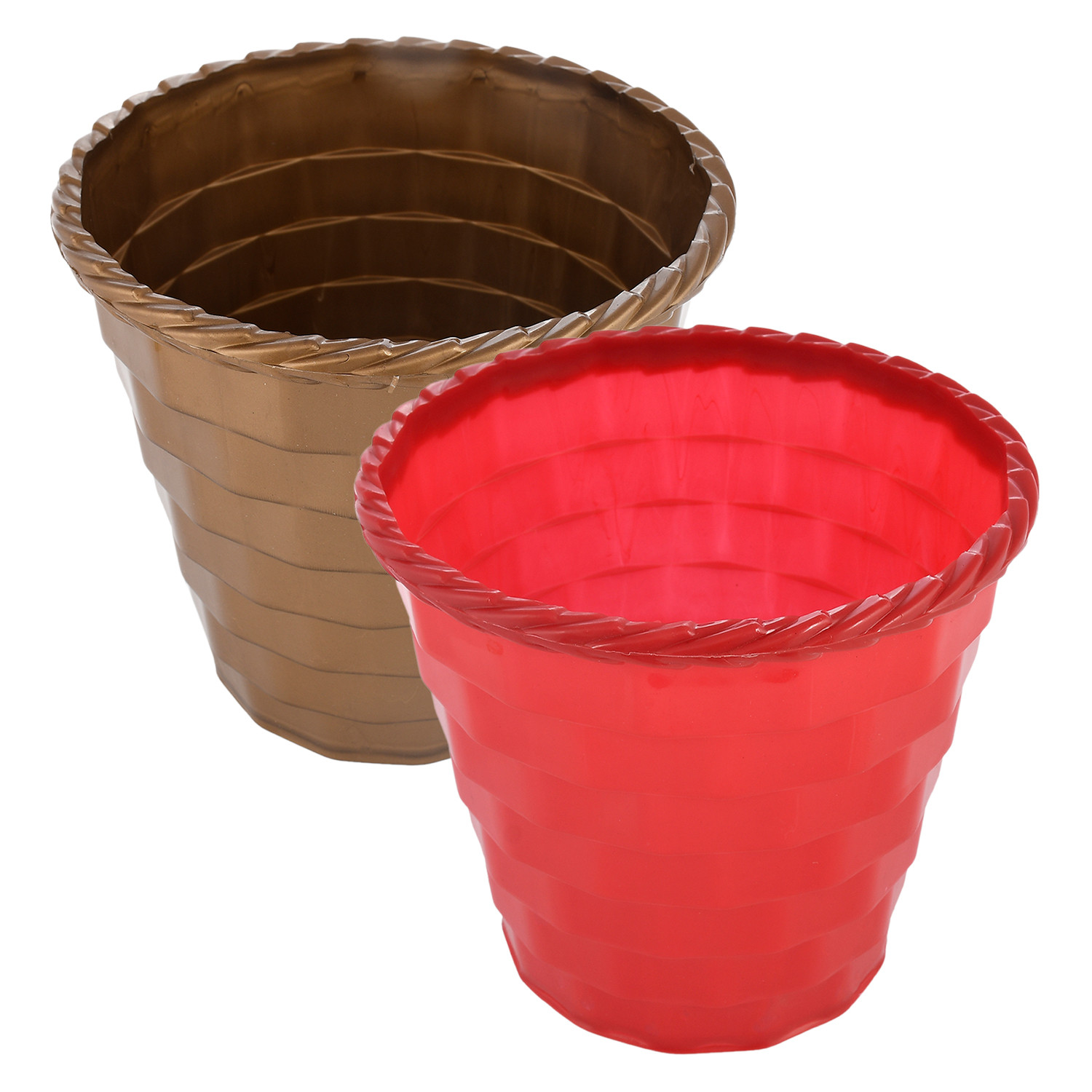 Kuber Industries Brick Flower Pot|Durable Plastic Flower Pots|Planters for Home Décor|Garden|Living Room|Balcony|8 Inch|Pack of 2 (Red & Golden)