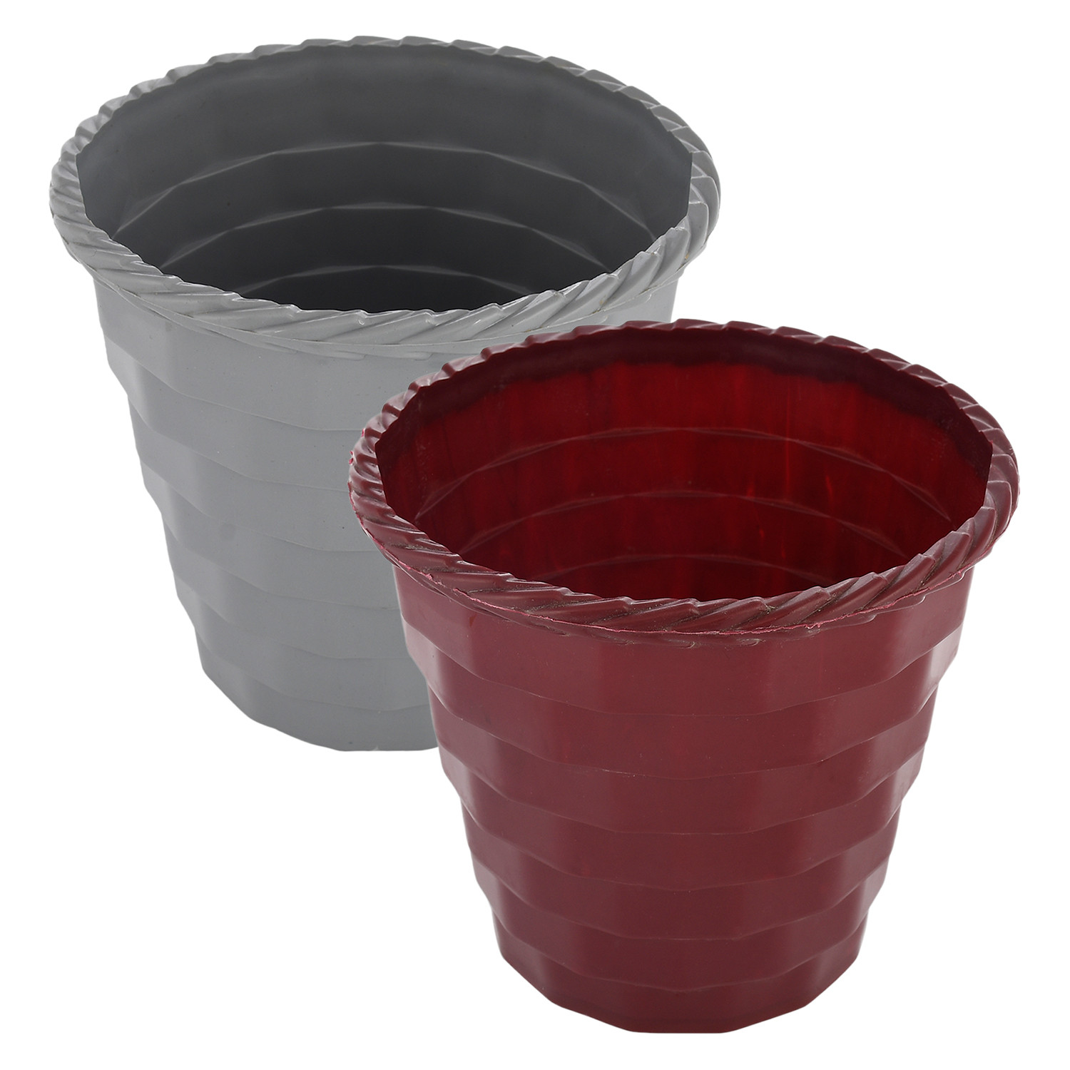Kuber Industries Brick Flower Pot|Durable Plastic Flower Pots|Planters for Home Décor|Garden|Living Room|Balcony|8 Inch|Pack of 2 (Maroon & Grey)