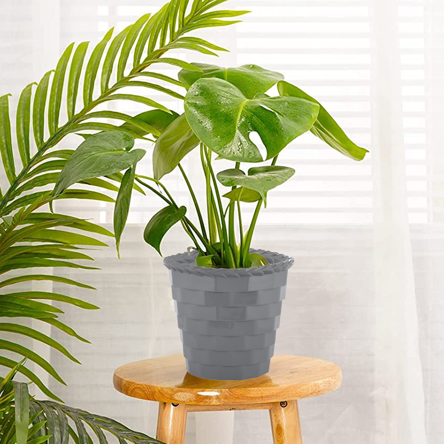 Kuber Industries Brick Flower Pot|Durable Plastic Flower Pots|Planters for Home Décor|Garden|Living Room|Balcony|8 Inch|Pack of 2 (Orange & Grey)