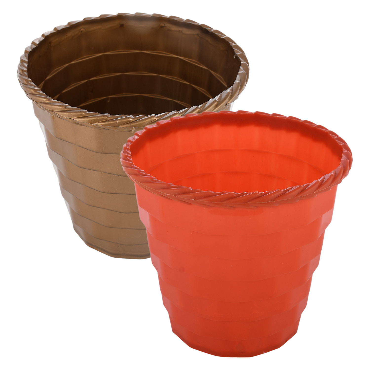 Kuber Industries Brick Flower Pot|Durable Plastic Flower Pots|Planters for Home Décor|Garden|Living Room|Balcony|8 Inch|Pack of 2 (Orange & Golden)