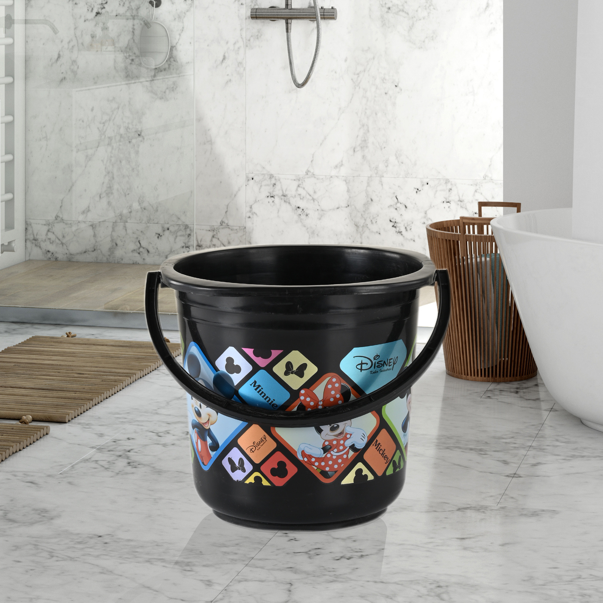 Kuber Industries Bucket  16 LTR  Water Bucket for Bathroom  Check Disney  Plastic Bucket for Kitchen  Balti for Bathroom  Portable Bucket  Kitchen accessories items  Black