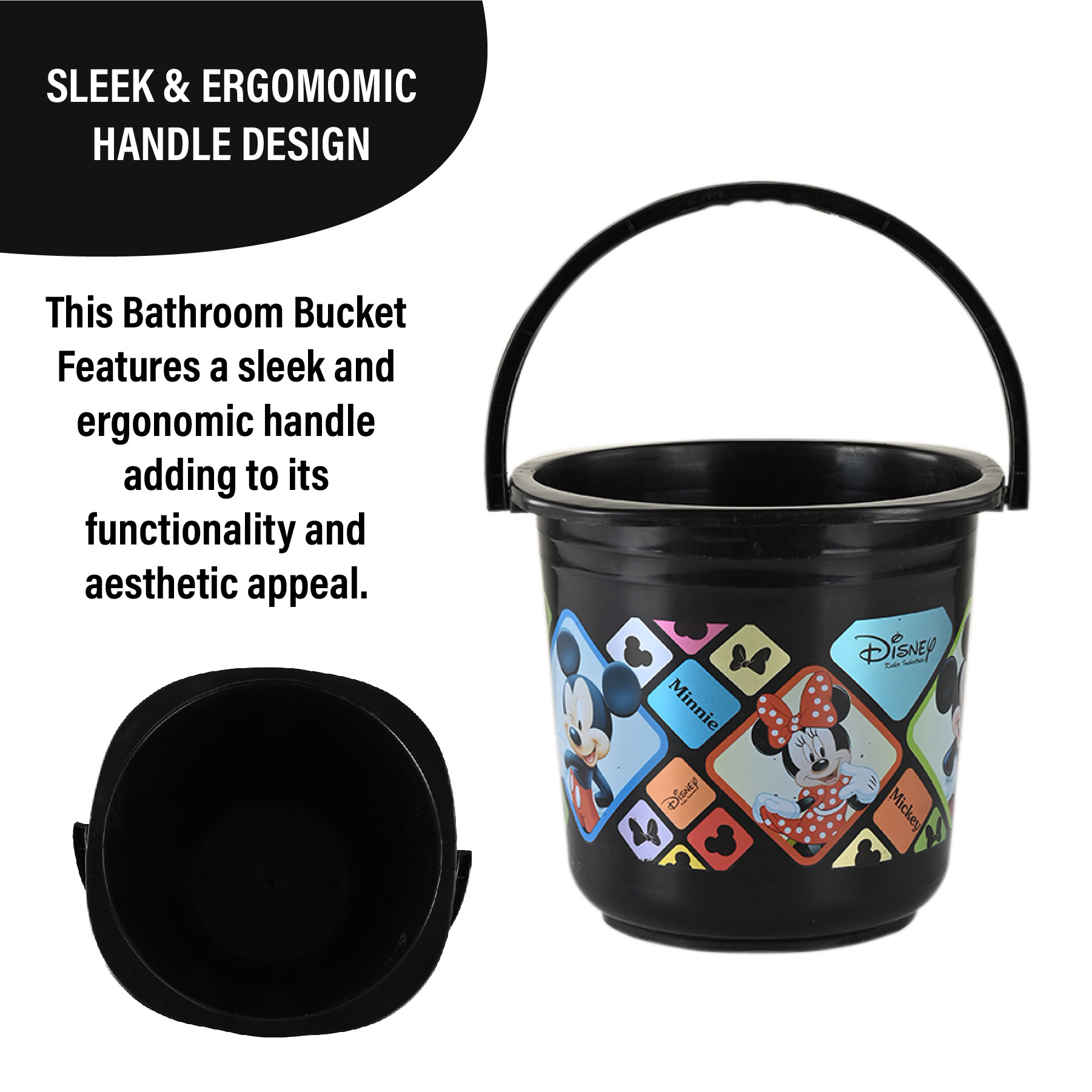 Kuber Industries Bucket  16 LTR  Water Bucket for Bathroom  Check Disney  Plastic Bucket for Kitchen  Balti for Bathroom  Portable Bucket  Kitchen accessories items  Black