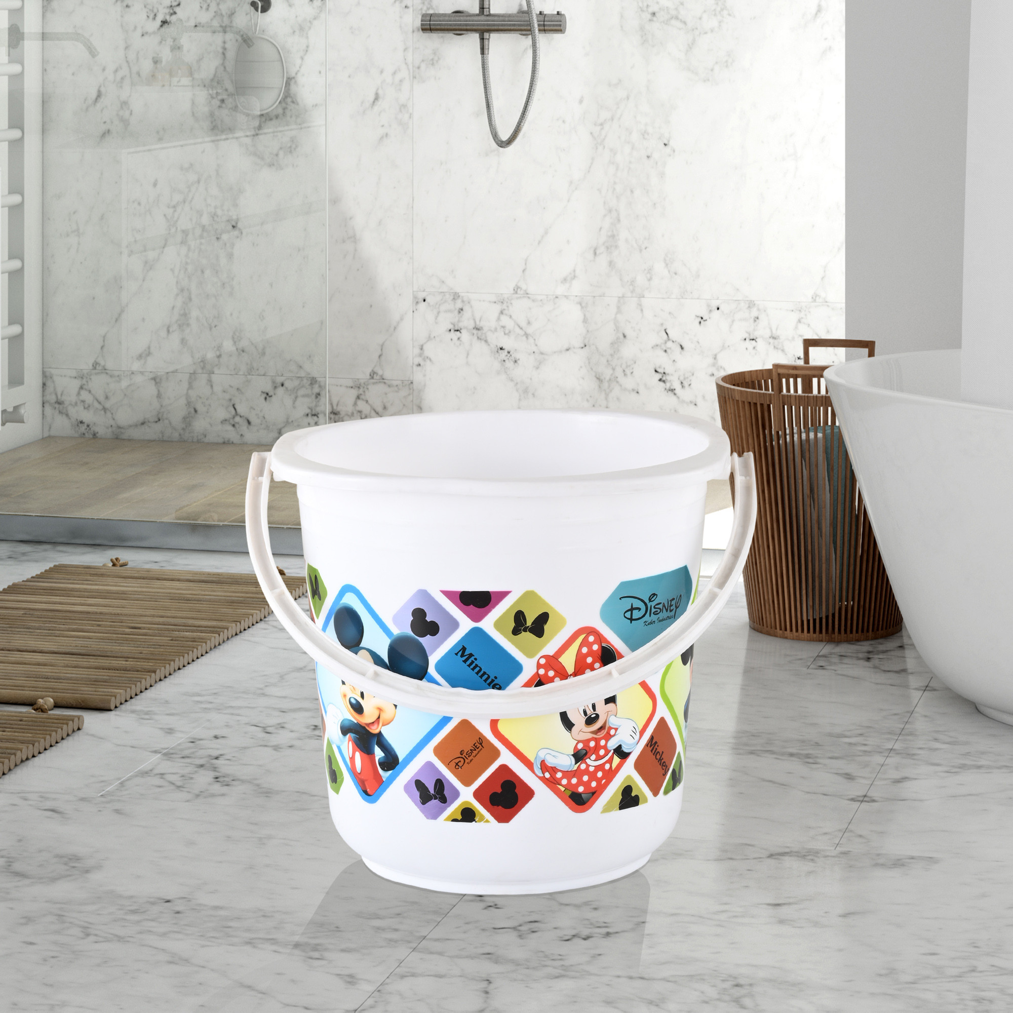 Kuber Industries Bucket  16 LTR  Water Bucket for Bathroom  Check Disney  Plastic Bucket for Kitchen  Balti for Bathroom  Portable Bucket  Kitchen accessories items  White