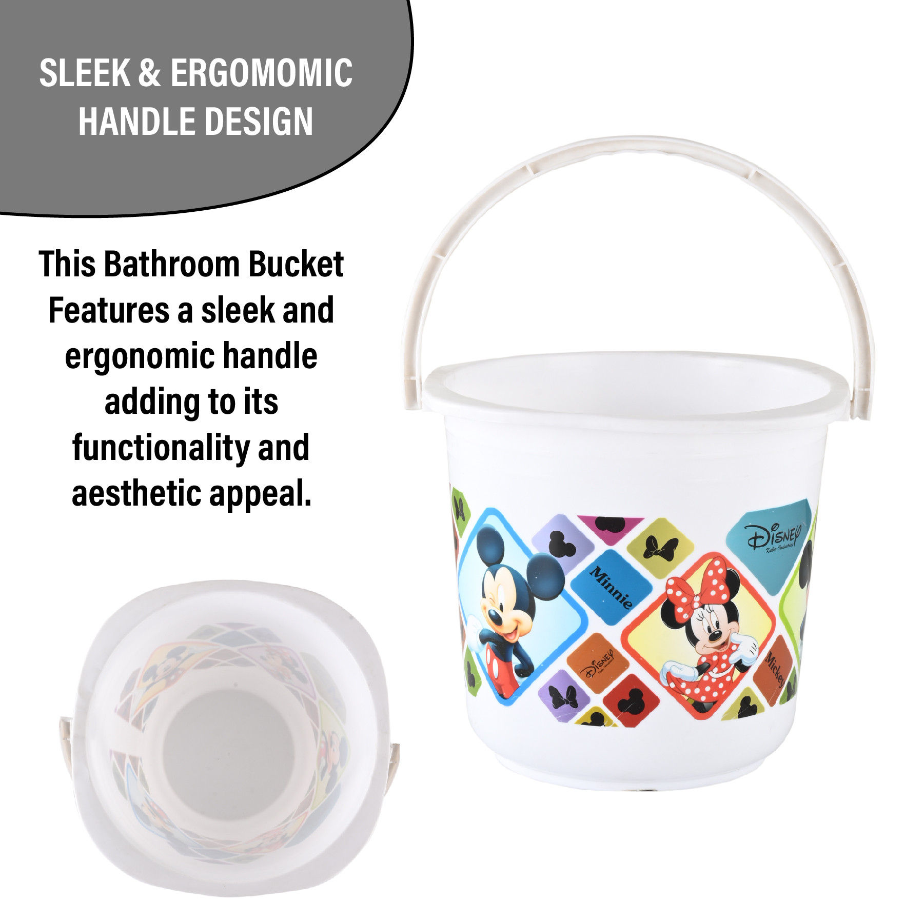 Kuber Industries Bucket  16 LTR  Water Bucket for Bathroom  Check Disney  Plastic Bucket for Kitchen  Balti for Bathroom  Portable Bucket  Kitchen accessories items  White
