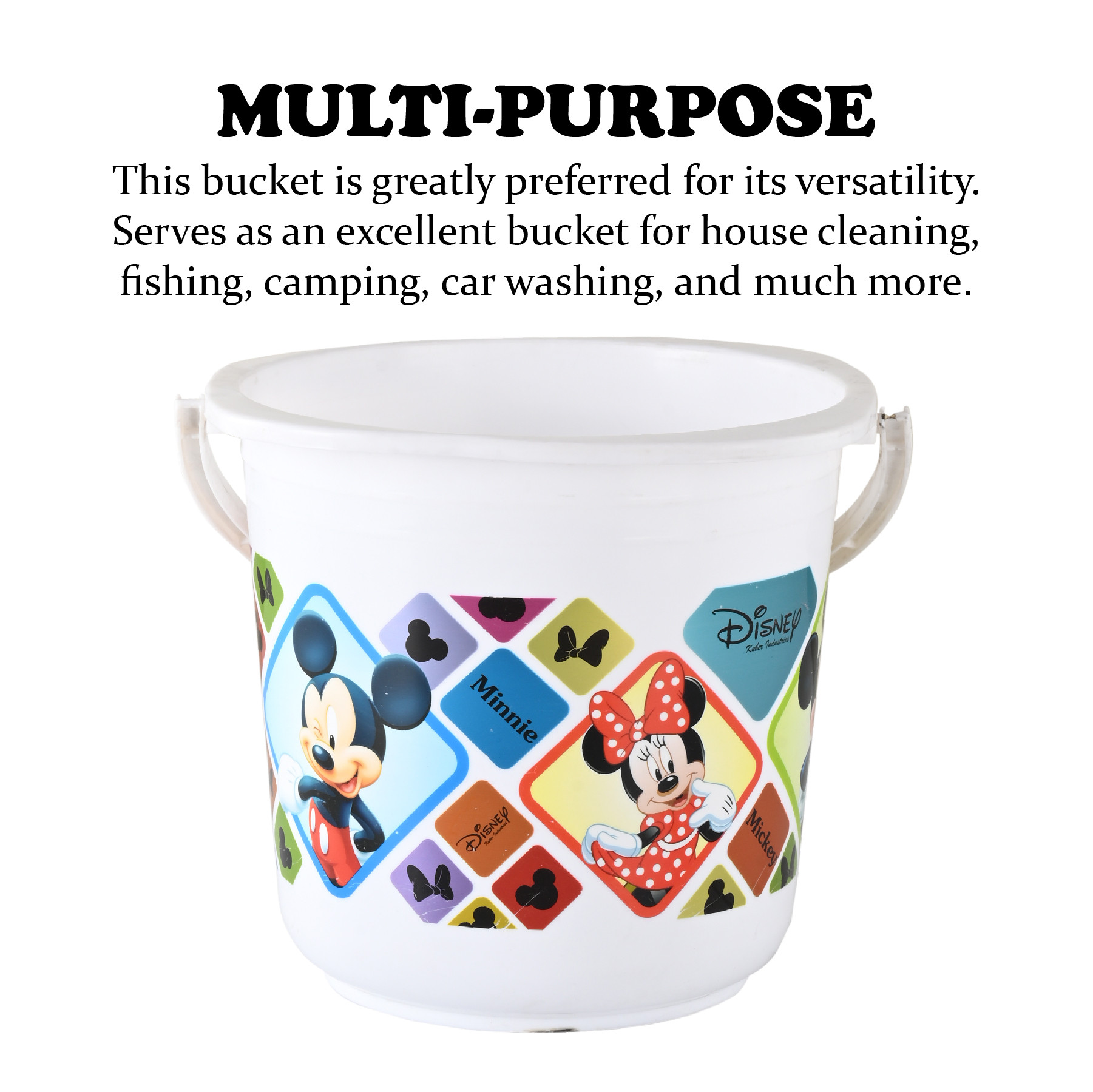 Kuber Industries Bucket  16 LTR  Water Bucket for Bathroom  Check Disney  Plastic Bucket for Kitchen  Balti for Bathroom  Portable Bucket  Kitchen accessories items  White