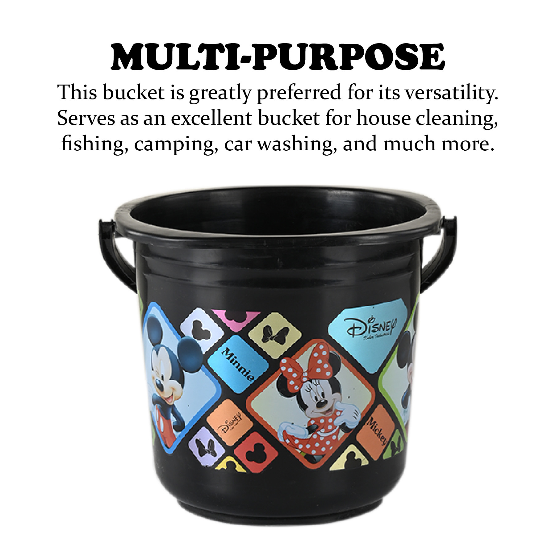 Kuber Industries Bucket  16 LTR  Water Bucket for Bathroom  Check Disney  Plastic Bucket for Kitchen  Balti for Bathroom  Portable Bucket  Kitchen accessories items  Black
