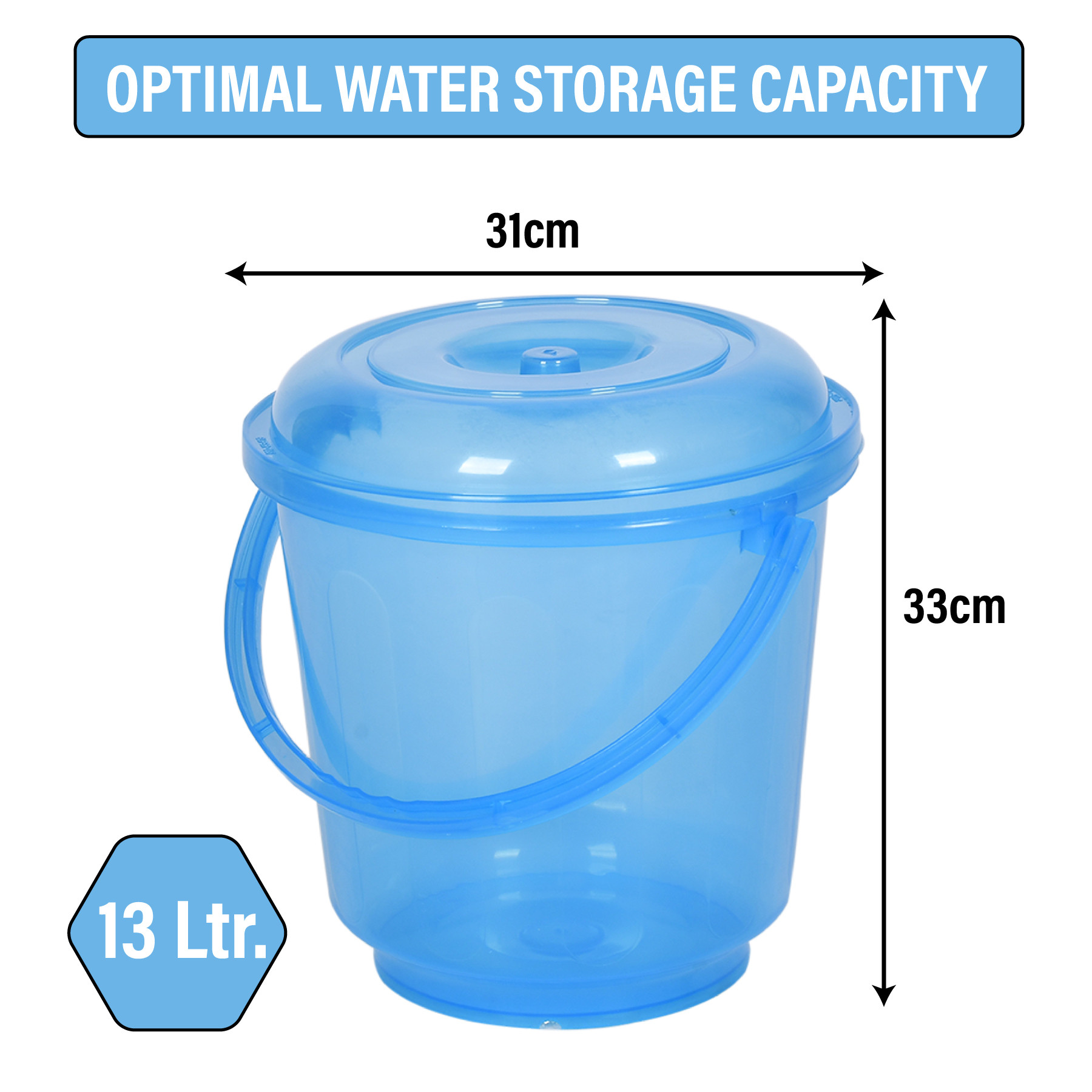 Kuber Industries Bucket | Bathroom Bucket | Utility Bucket for Daily Use | Bucket for Bathing | Water Storage Bucket | Bucket with Handle & Lid | 13 LTR | SUPER-013 | Transparent Blue