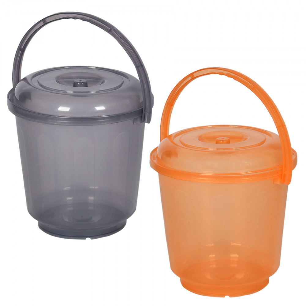 Kuber Industries Bucket | Bathroom Bucket | Utility Bucket for Daily Use | Water Storage Bucket | Bathing Bucket with Handle &amp; Lid | 13 LTR | SUPER-013 | Transparent | Gray &amp; Orange