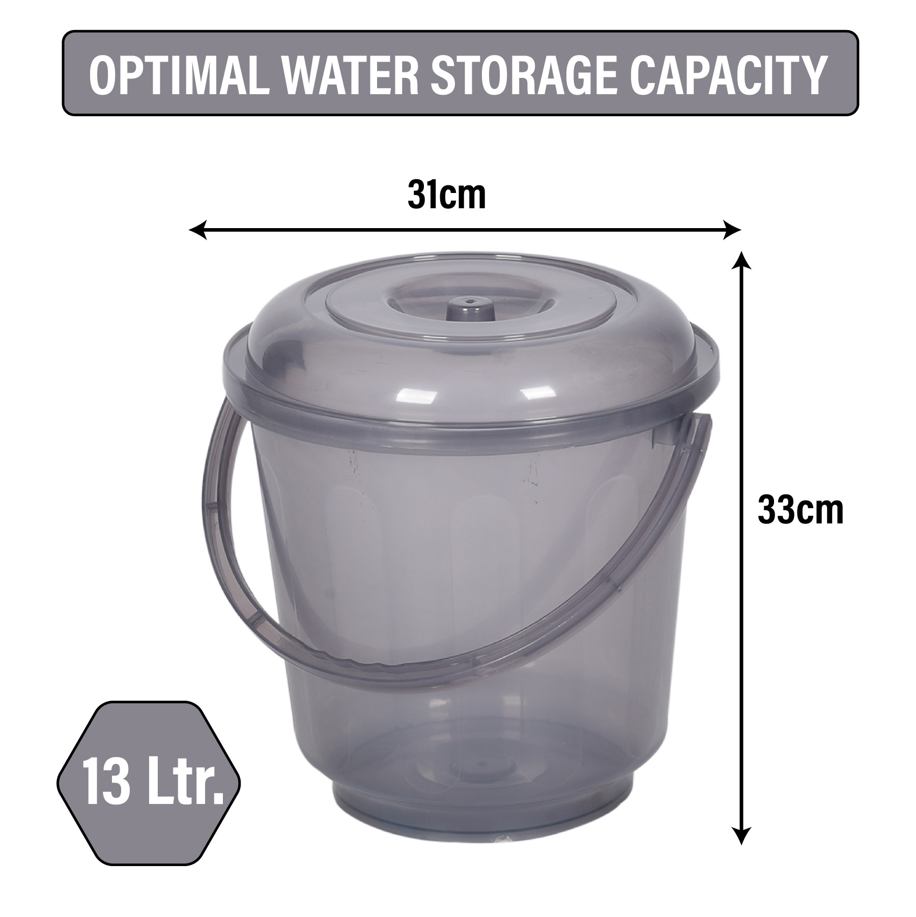 Kuber Industries Bucket | Bathroom Bucket | Utility Bucket for Daily Use | Water Storage Bucket | Bathing Bucket with Handle & Lid | 13 LTR | SUPER-013 | Transparent | Pink & Gray