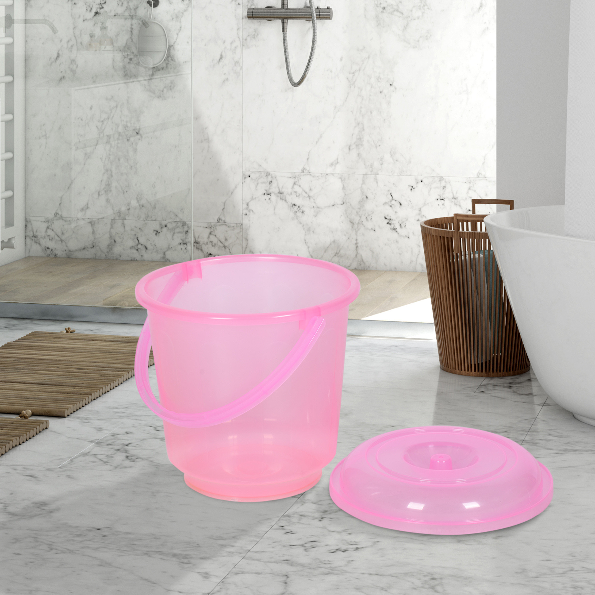 Kuber Industries Bucket | Bathroom Bucket | Utility Bucket for Daily Use | Water Storage Bucket | Bathing Bucket with Handle & Lid | 13 LTR | SUPER-013 | Transparent | Pink & Gray