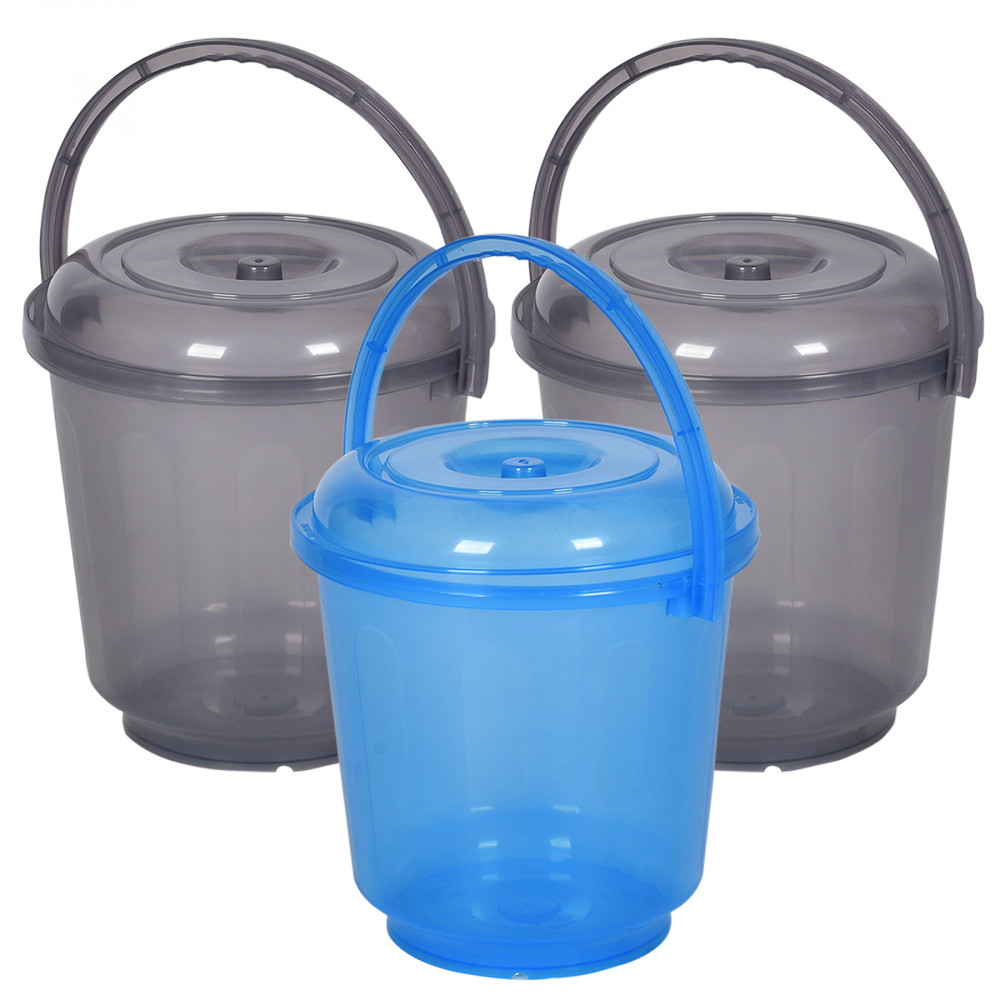 Kuber Industries Bucket | Bathroom Bucket | Utility Bucket for Daily Use | Water Storage Bucket | Bathing Bucket with Handle &amp; Lid | 13 LTR | SUPER-013 | Transparent | Blue &amp; Gray