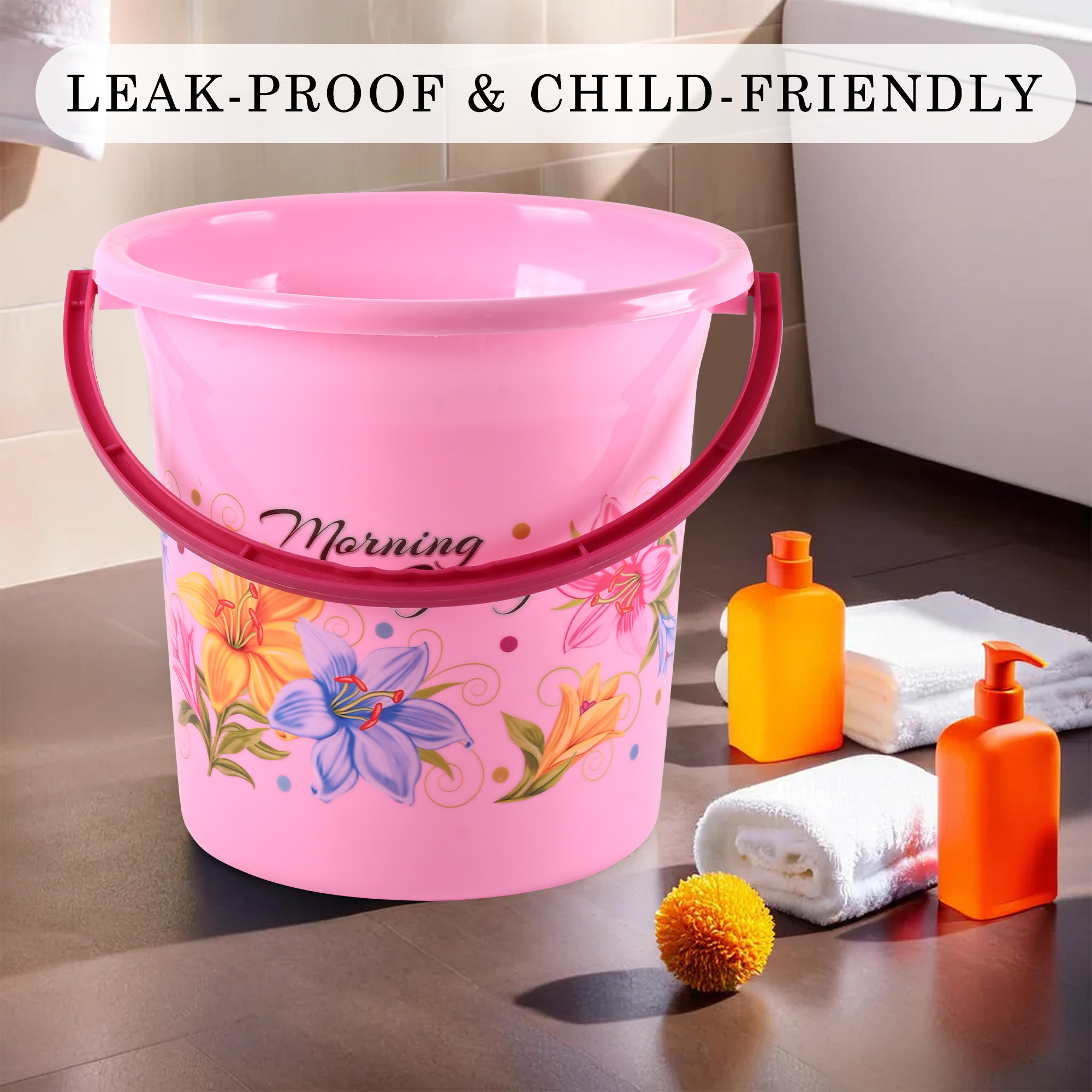 Kuber Industries Bucket 18 LTR Water Bucket for Bathroom  Plastic Bucket for Kitchen  Balti for Bathroom  Bucket for Daily Use  Portable Bucket  Printed Water Storage Bucket  Pink