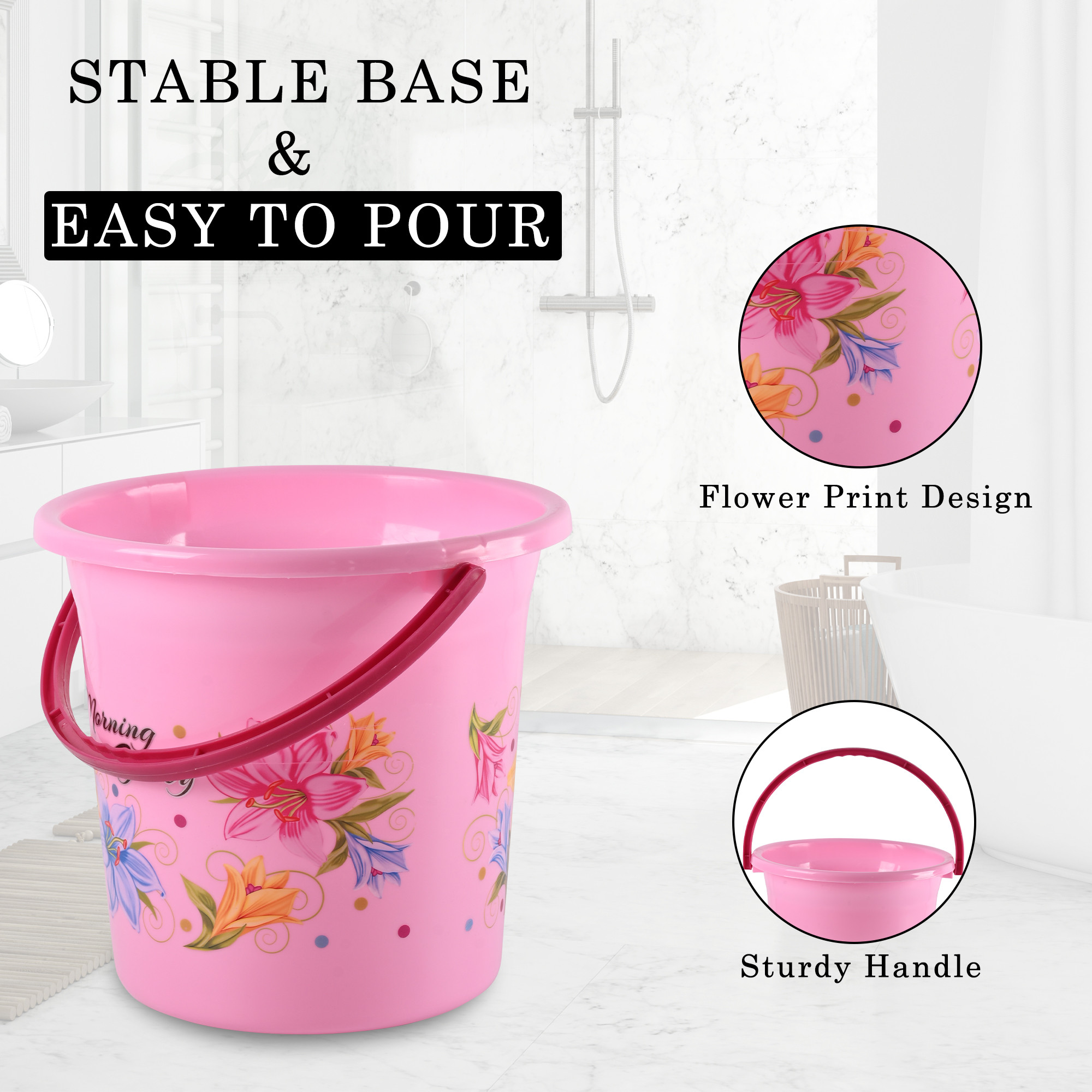 Kuber Industries Bucket 18 LTR Water Bucket for Bathroom  Plastic Bucket for Kitchen  Balti for Bathroom  Bucket for Daily Use  Portable Bucket  Printed Water Storage Bucket  Pink