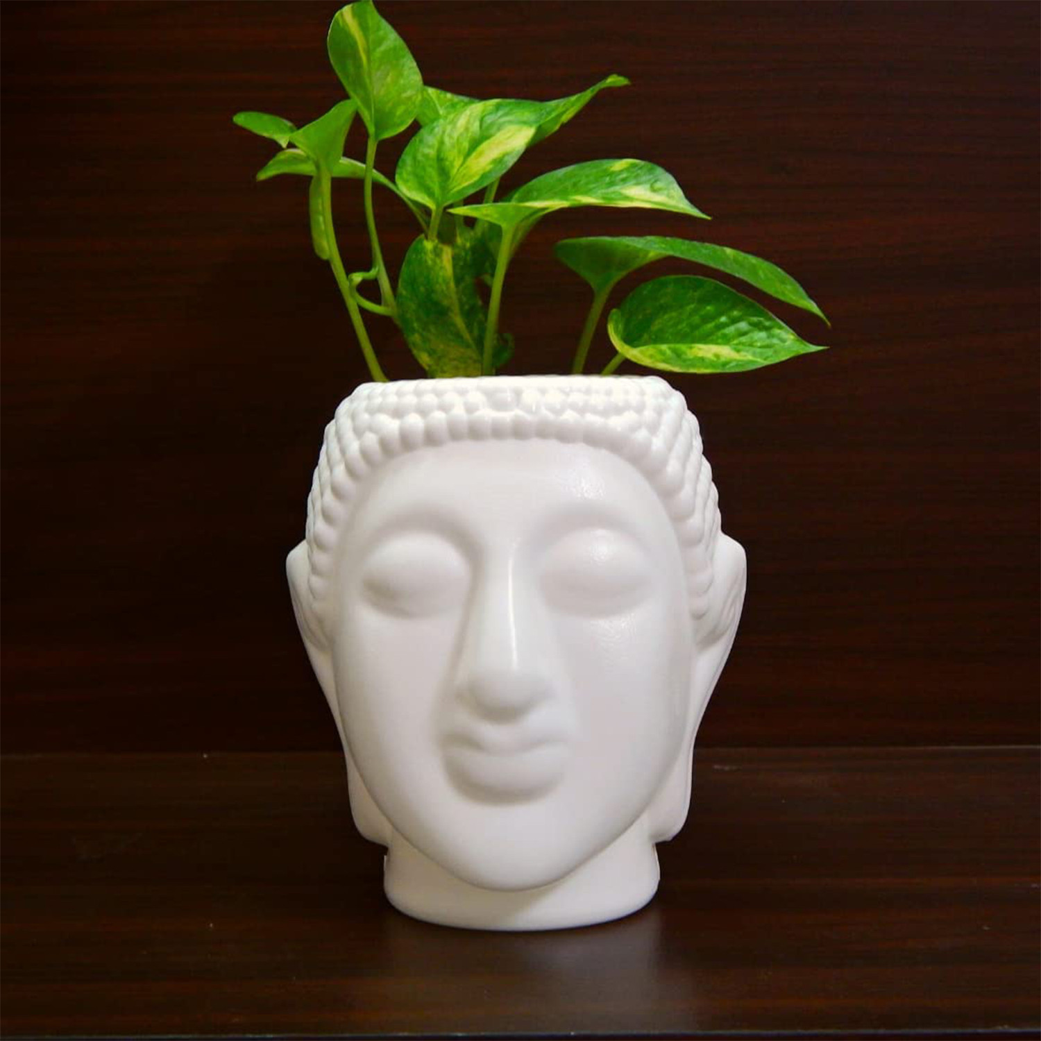 Kuber Industries Buddha Flower Pot|Buddha Head Shape Flower Planter|Plastic Flower Plant for Home Décor|Office Décor (White)