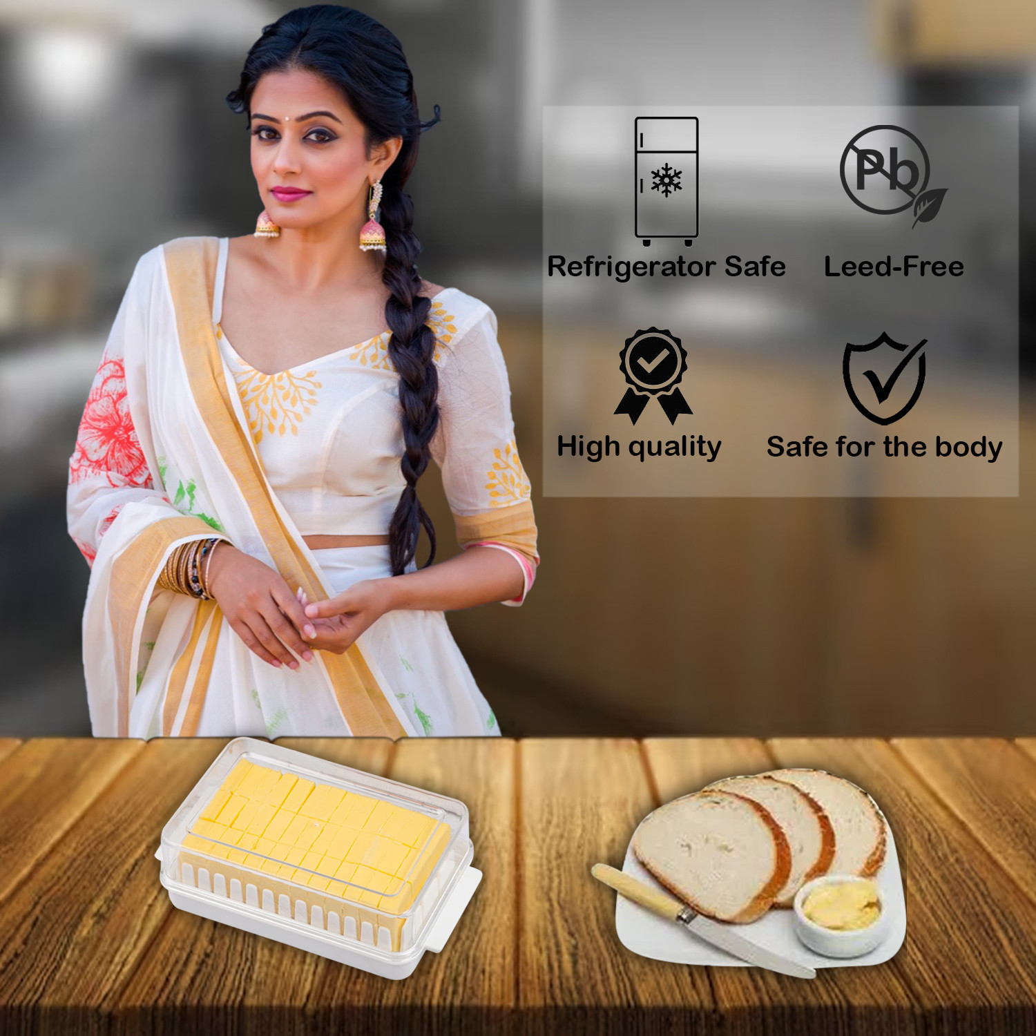 Kuber Industries Butter Box|Plastic Butter Keeper for Refrigerator|Butter Storage Box with Cutting Guide|Butter Dish with Lid For Countertop (White)