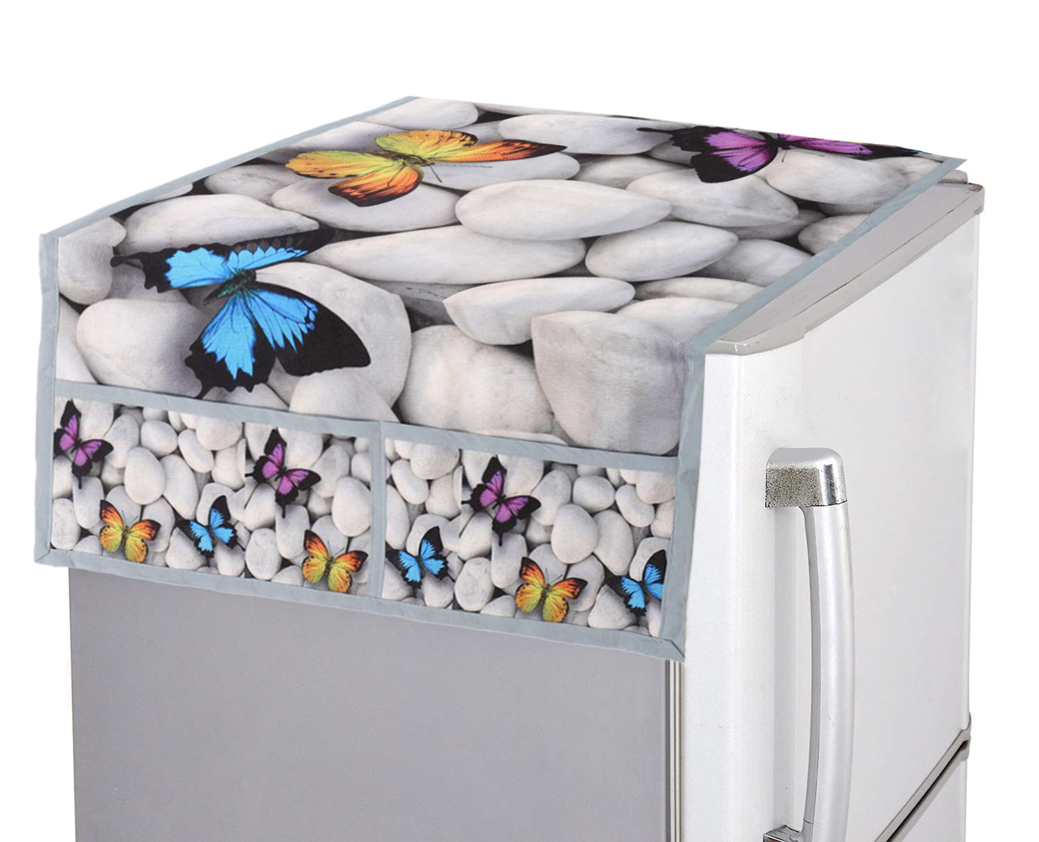 Kuber Industries butterfly Print Jute 3-Layered Fridge/Refrigerator Top Cover with 6 Utility Pockets,Gold