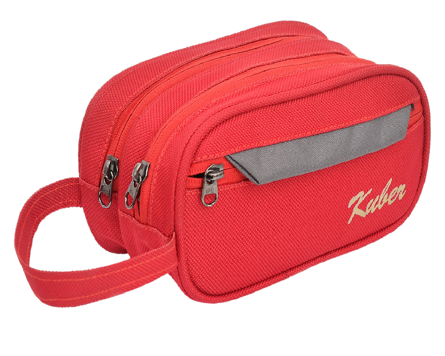 Kuber Industries Canvas Toiletry Organizer|Portable & Durable Carrying Strip Travel Shaving Doop Kit With 2 Zipper ComparMants And Fornt Zipper (Red)