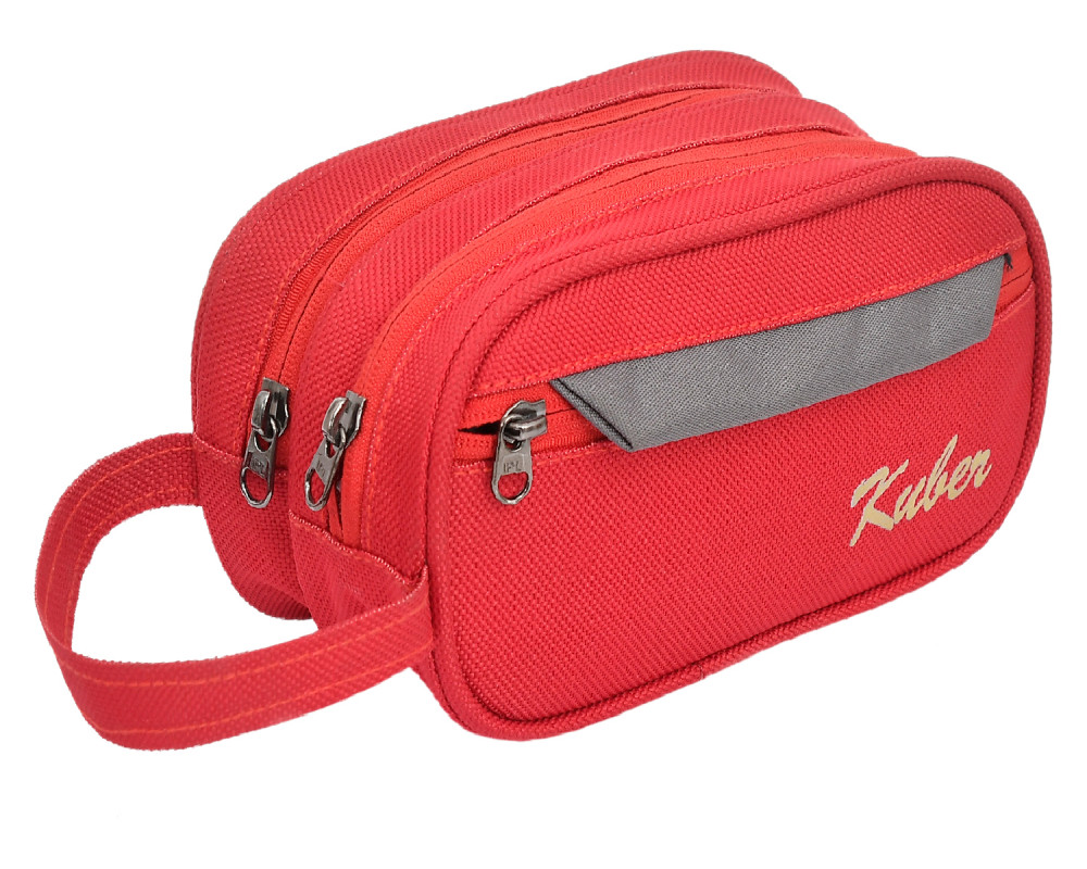 Kuber Industries Canvas Toiletry Organizer|Portable &amp; Durable Carrying Strip Travel Shaving Doop Kit With 2 Zipper ComparMants And Fornt Zipper (Red)