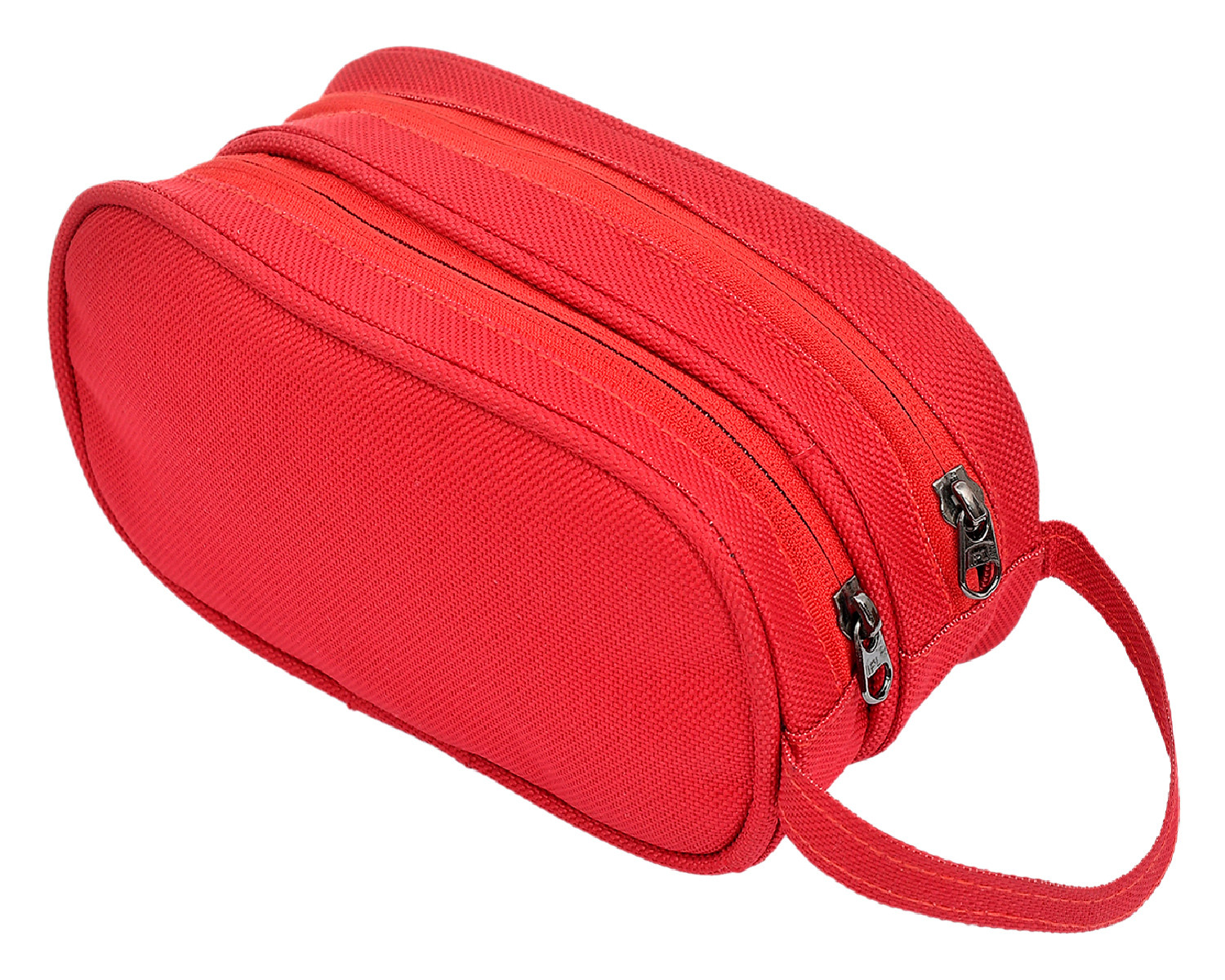 Kuber Industries Canvas Toiletry Organizer|Portable & Durable Carrying Strip Travel Shaving Doop Kit With 2 Zipper ComparMants And Fornt Zipper (Red)