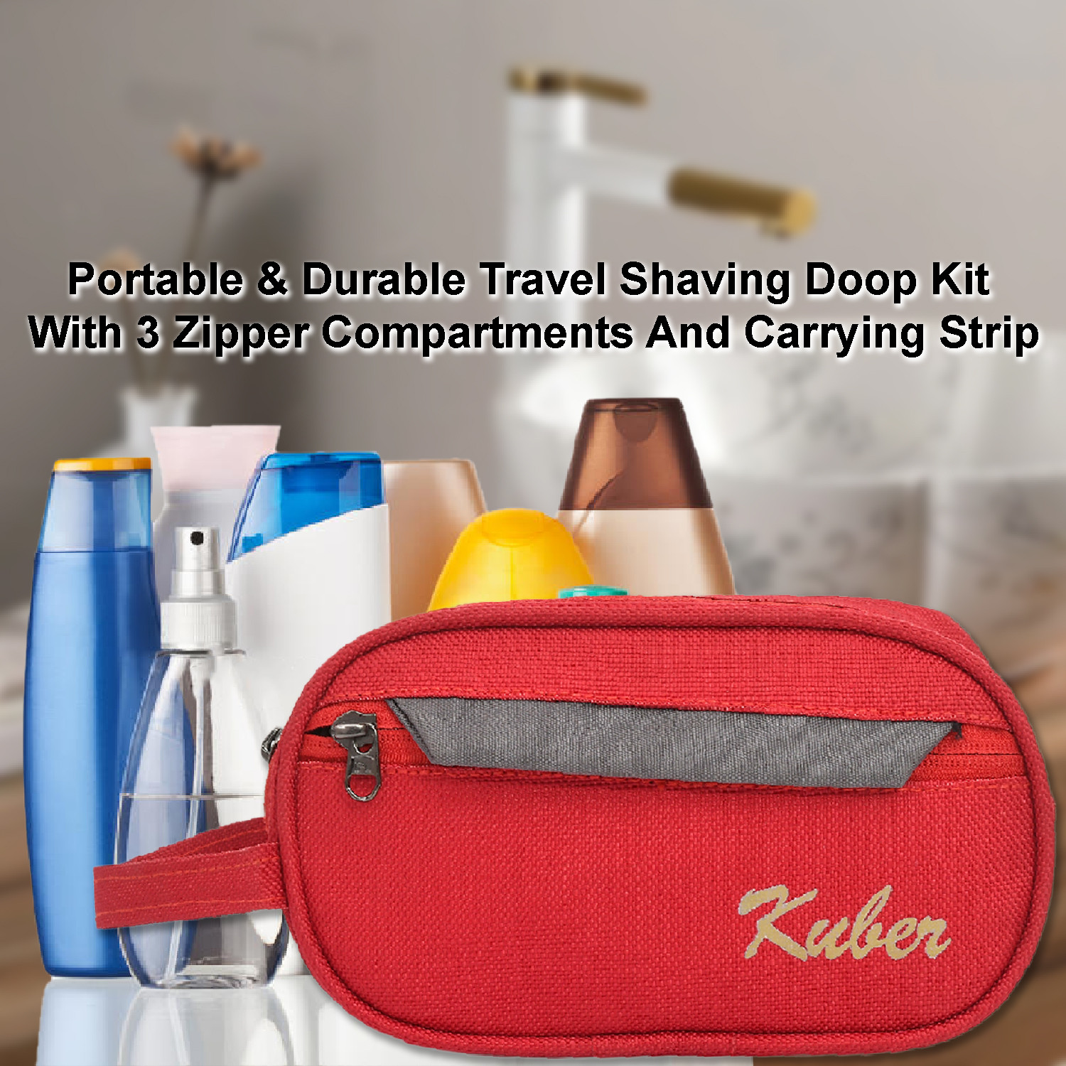 Kuber Industries Canvas Toiletry Organizer|Portable & Durable Carrying Strip Travel Shaving Doop Kit With 2 Zipper ComparMants And Fornt Zipper (Red)