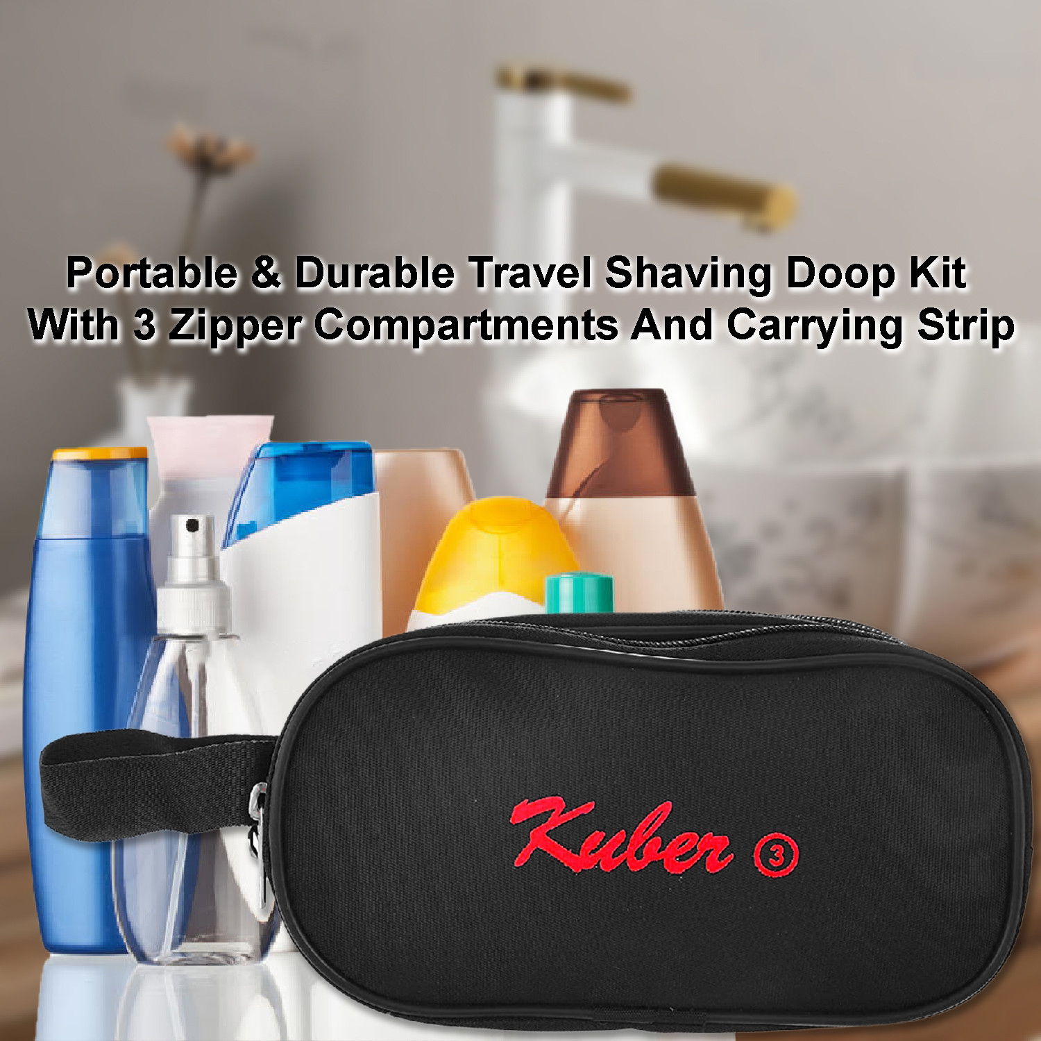 Kuber Industries Canvas Toiletry Organizer|Portable & Durable Travel Shaving Doop Kit With 3 Zipper ComparMants And Carrying Strip (Black)