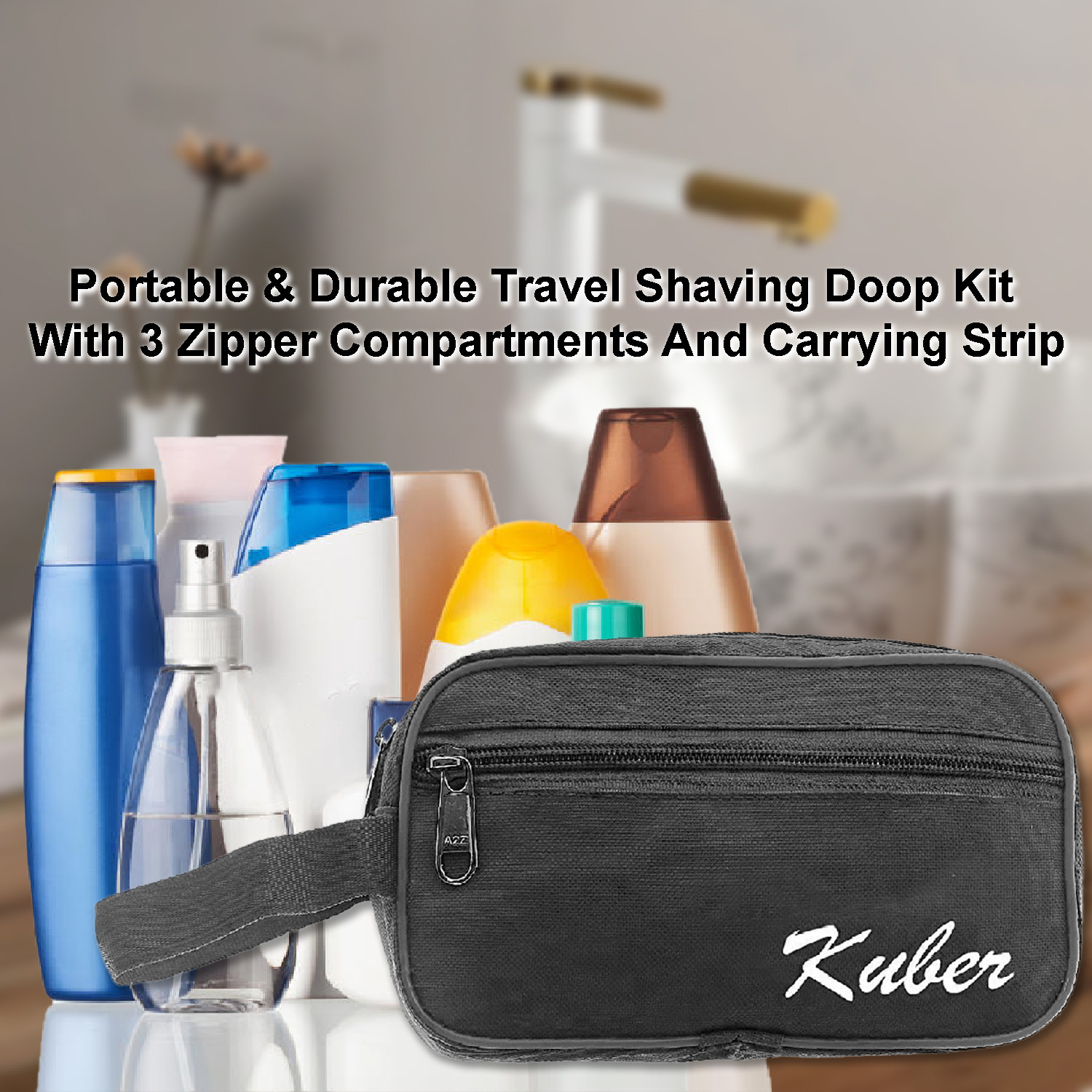 Kuber Industries Canvas Toiletry Organizer|Waterproof & Portable Travel Shaving Dopp Kit With 2 Main ComparMants And Front Zipper (Black)