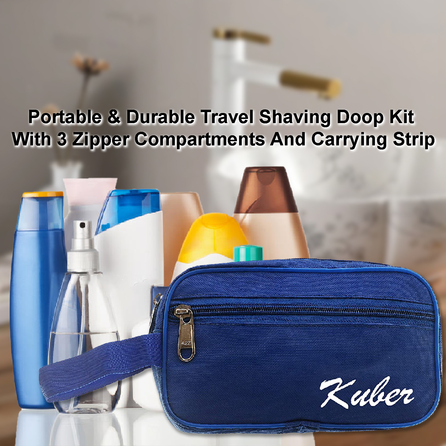 Kuber Industries Canvas Toiletry Organizer|Waterproof & Portable Travel Shaving Dopp Kit With 2 Main ComparMants And Front Zipper (Navy Blue)