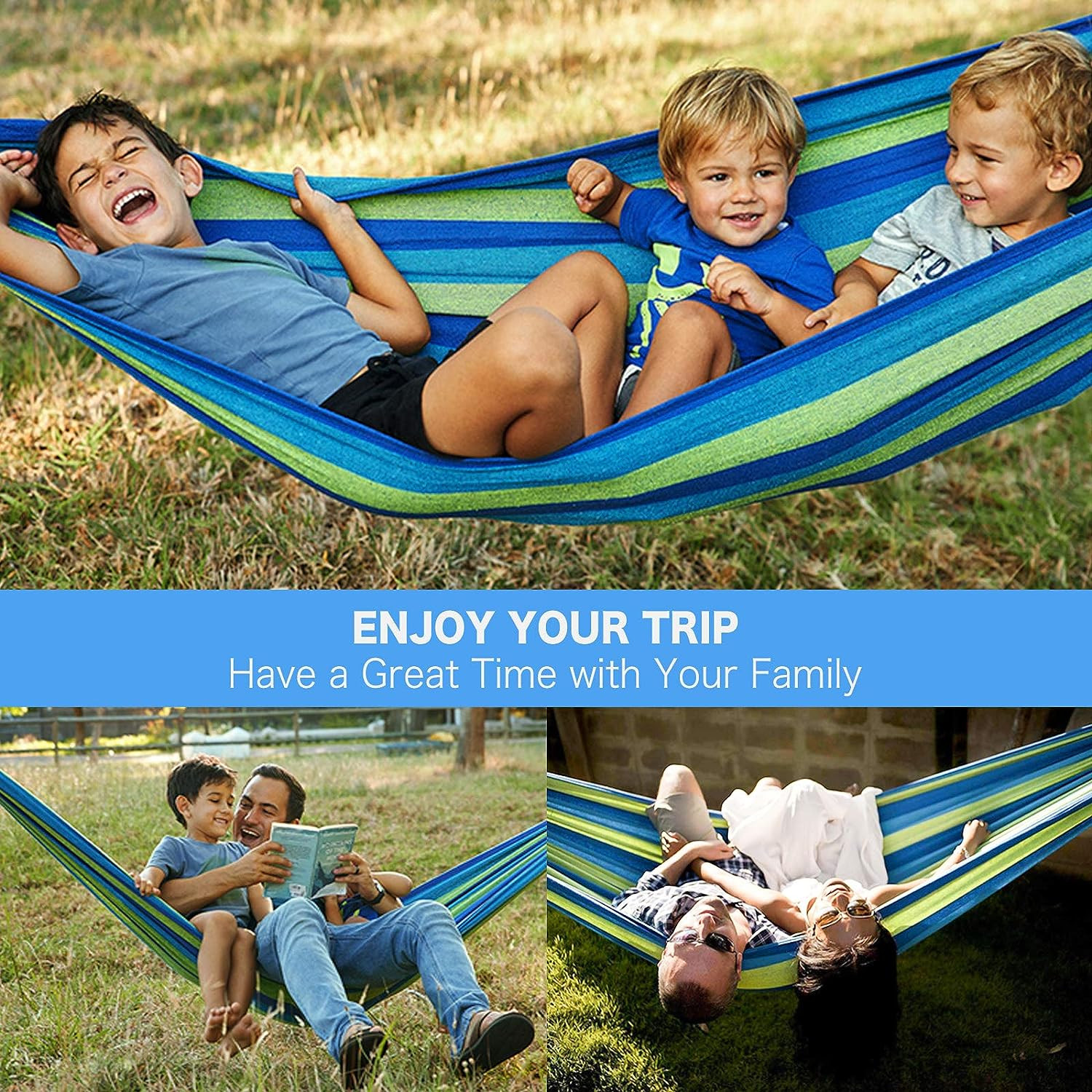 Kuber Industries Canvas Travel Hammock |Garden Hammock Swing For Adults|130 KG Load Bearing Capicity|Including 2 Rope, 1 Bag (Blue & Green)