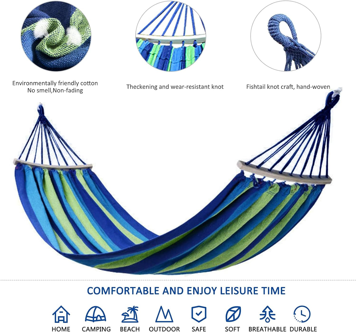 Kuber Industries Canvas Travel Hammock |Garden Hammock Swing For Adults|130 KG Load Bearing Capicity|Including 2 Rope, 1 Bag (Blue & Green)