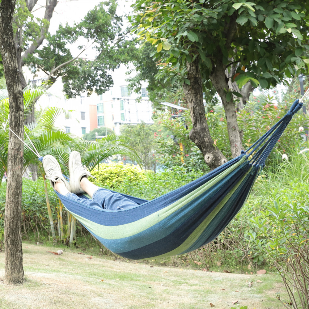 Kuber Industries Canvas Travel Hammock |Garden Hammock Swing For Adults|160 KG Load Bearing Capicity|Including 2 Rope, 1 Bag (Blue &amp; Green)