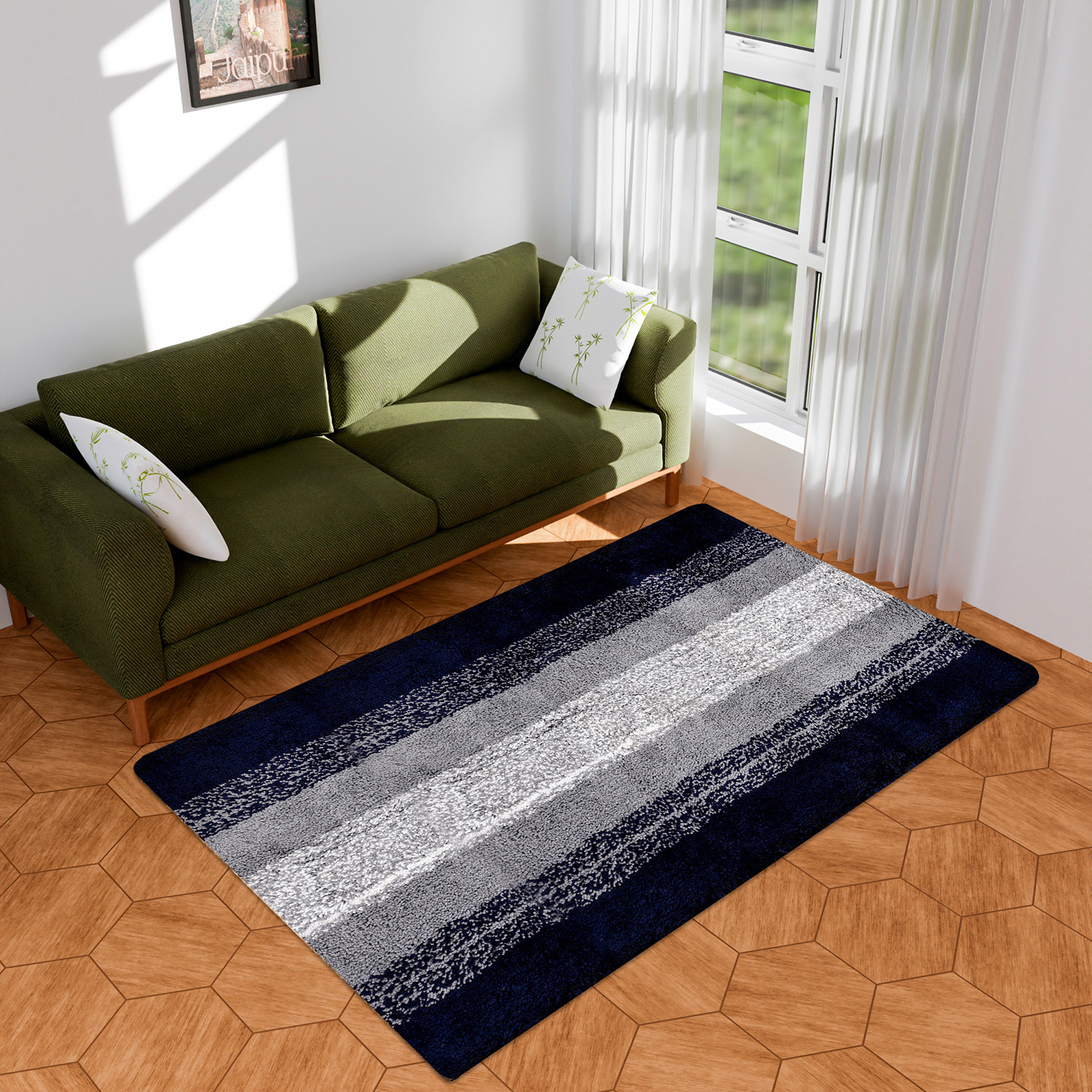 Kuber Industries Carpet | Shaggy Carpet for Living Room | Fluffy Carpet for Bedroom | Blue Patta Rainbow Carpet | Floor Carpet Rug | Non-Slip Bedside Rug | 3x5 Feet | Gray