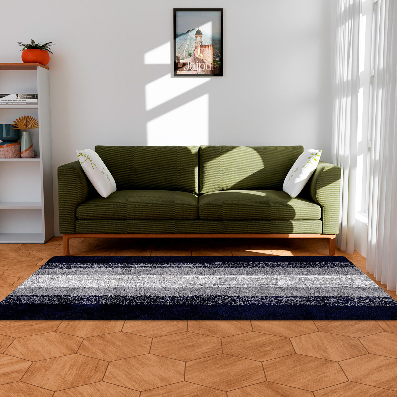 Kuber Industries Carpet | Shaggy Carpet for Living Room | Fluffy Carpet for Bedroom | Blue Patta Rainbow Carpet | Floor Carpet Rug | Non-Slip Bedside Rug | 3x5 Feet | Gray