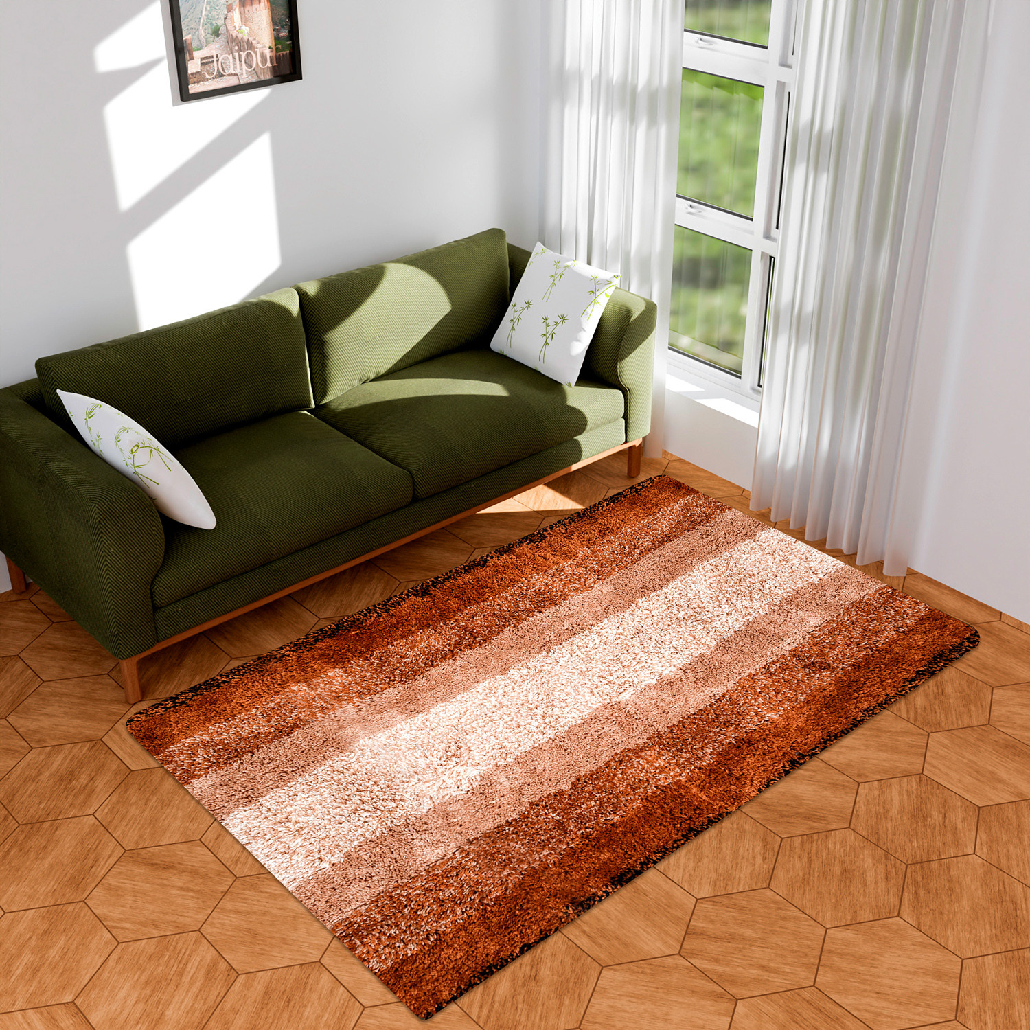 Kuber Industries Carpet | Shaggy Carpet for Living Room | Fluffy Carpet for Bedroom | Golden Patta Rainbow Carpet | Floor Carpet Rug | Non-Slip Bedside Rug | 3x5 Feet | Cream