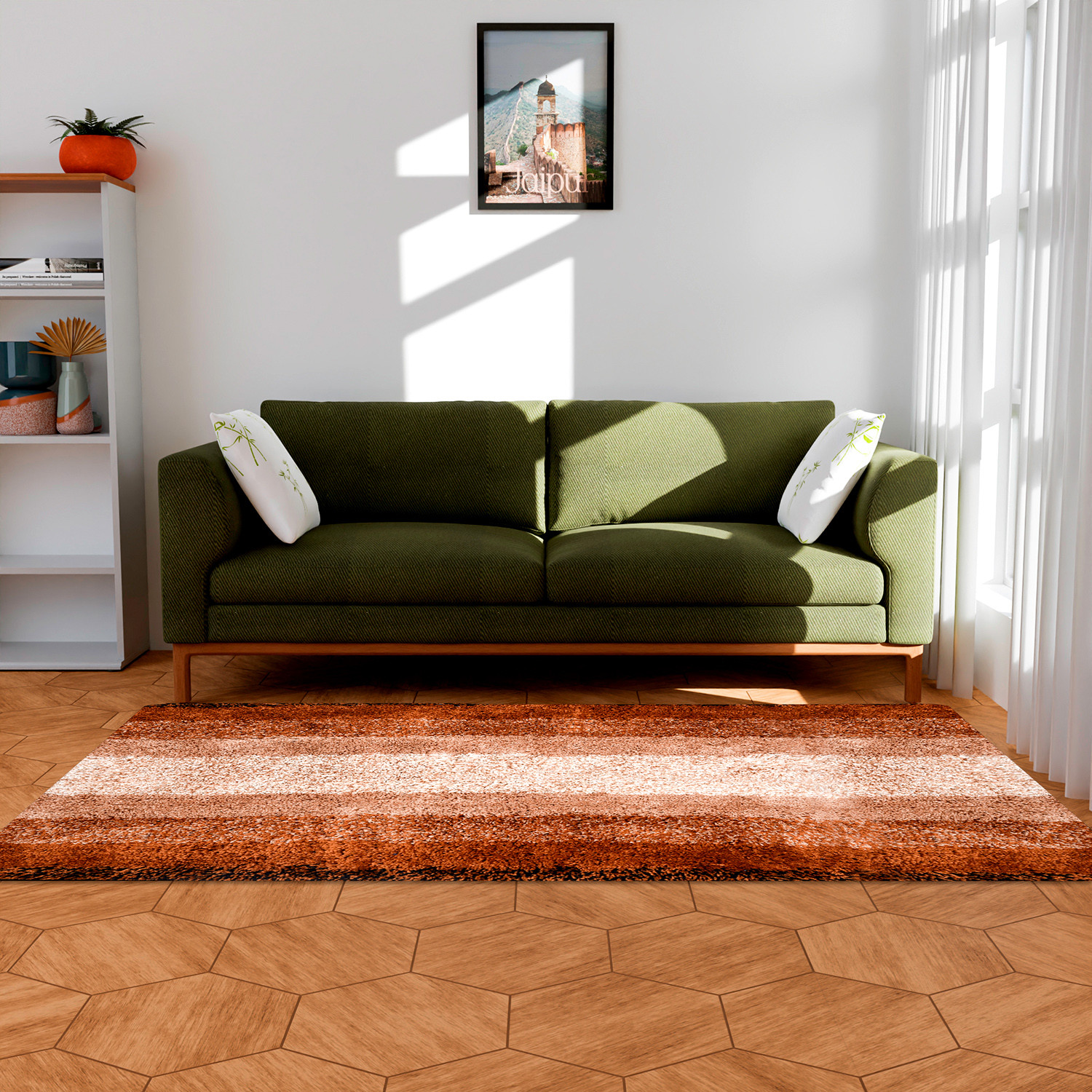 Kuber Industries Carpet | Shaggy Carpet for Living Room | Fluffy Carpet for Bedroom | Golden Patta Rainbow Carpet | Floor Carpet Rug | Non-Slip Bedside Rug | 3x5 Feet | Cream