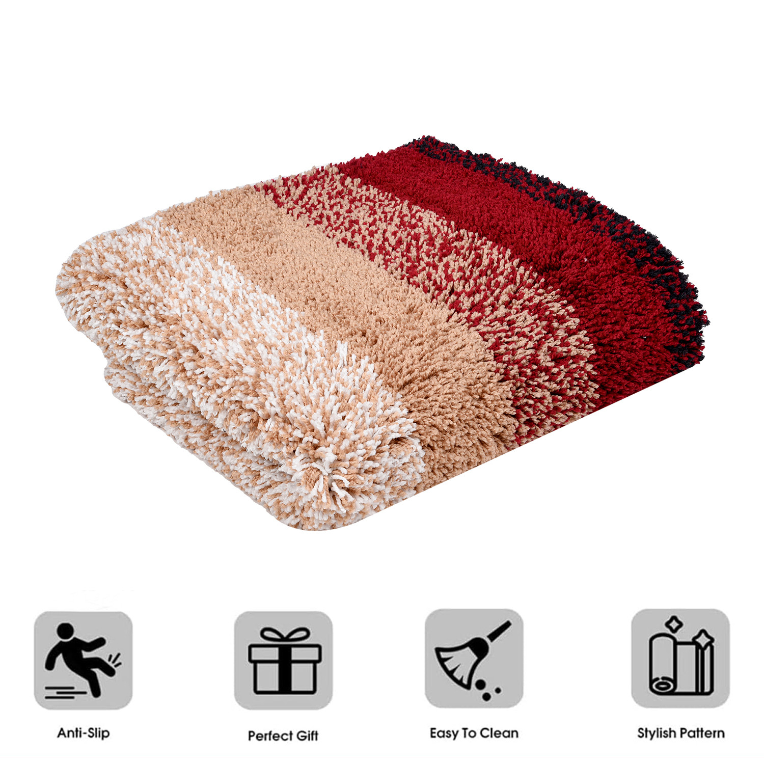 Kuber Industries Carpet  Shaggy Carpet for Living Room  Fluffy Carpet for Bedroom  Maroon Patta Rainbow Carpet  Floor Carpet Rug  Non-Slip Bedside Rug  3x5 Feet  Cream