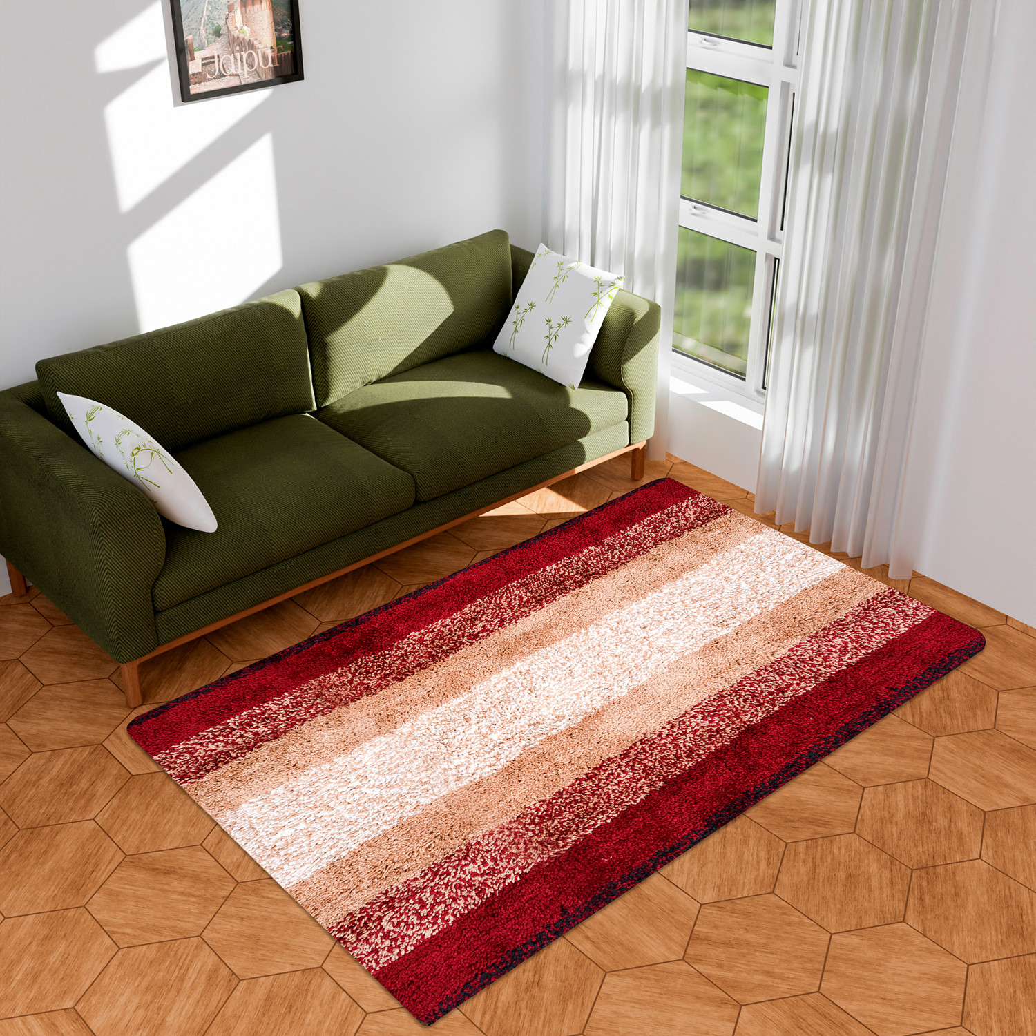 Kuber Industries Carpet | Shaggy Carpet for Living Room | Fluffy Carpet for Bedroom | Maroon Patta Rainbow Carpet | Floor Carpet Rug | Non-Slip Bedside Rug | 3x5 Feet | Cream